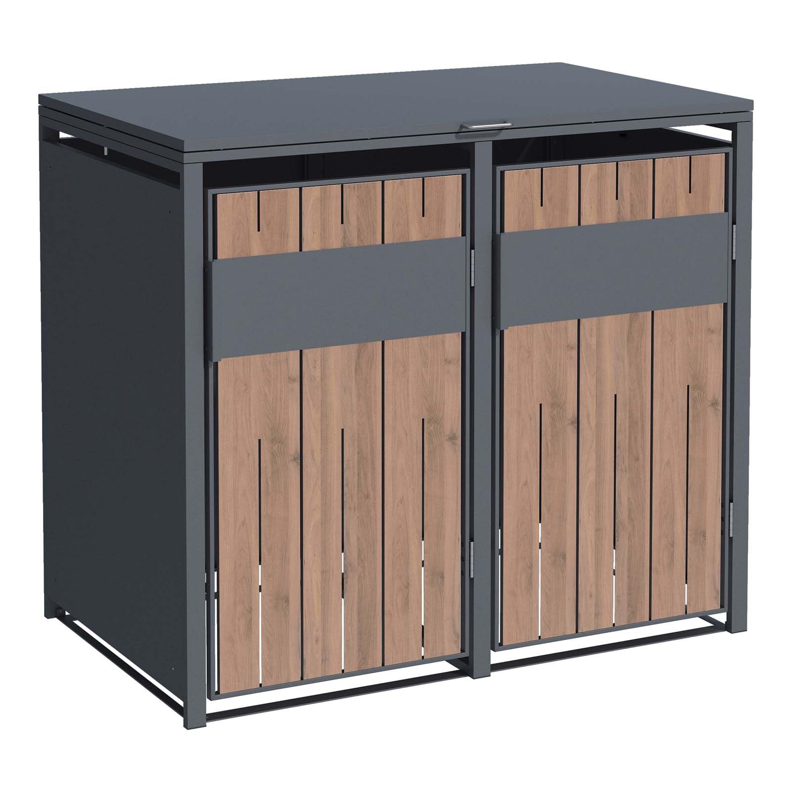 SCHARTEC® SMBS4-2 Lot de 2 boîtes à poubelles anthracite avec design en bois foncé, 1 couvercle, 2 tonnes, utilisation à une main, 240 l, protection contre les regards indiscrets