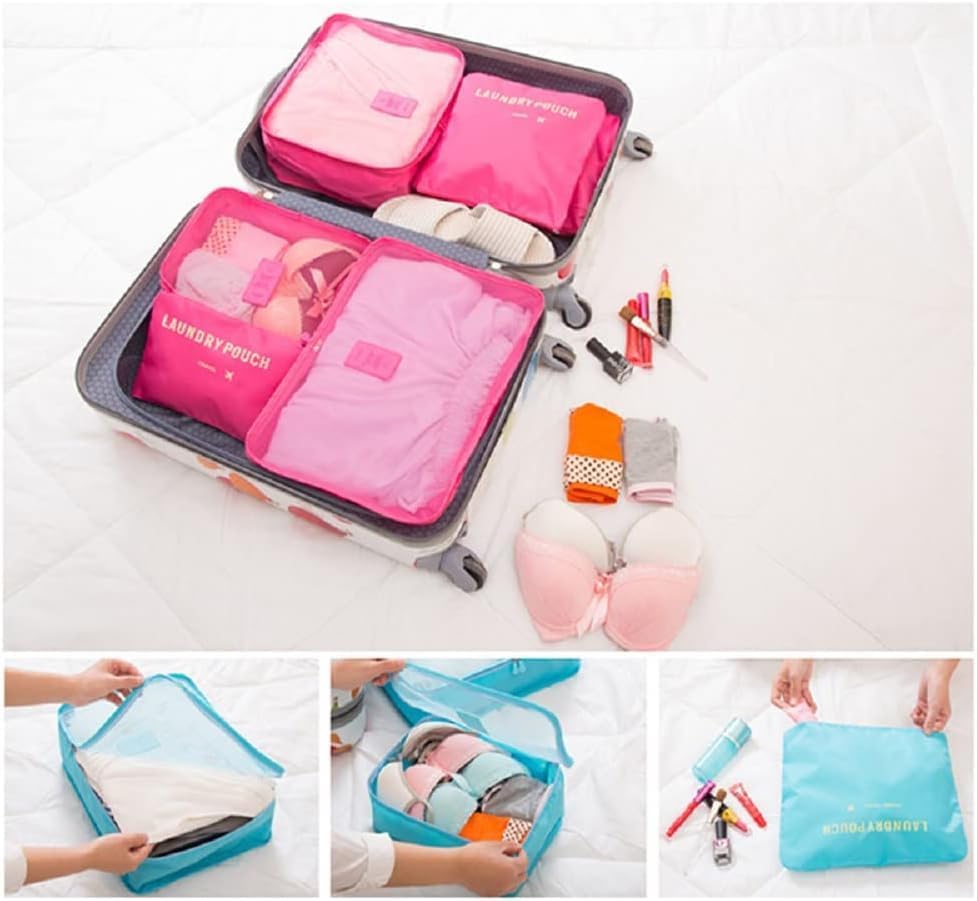Image of Travel Organizer Pouch Set of 6, Space Saver Packing Cubes for Suitcase, Clothes, Underwear, Socks and Shoes (PINK)