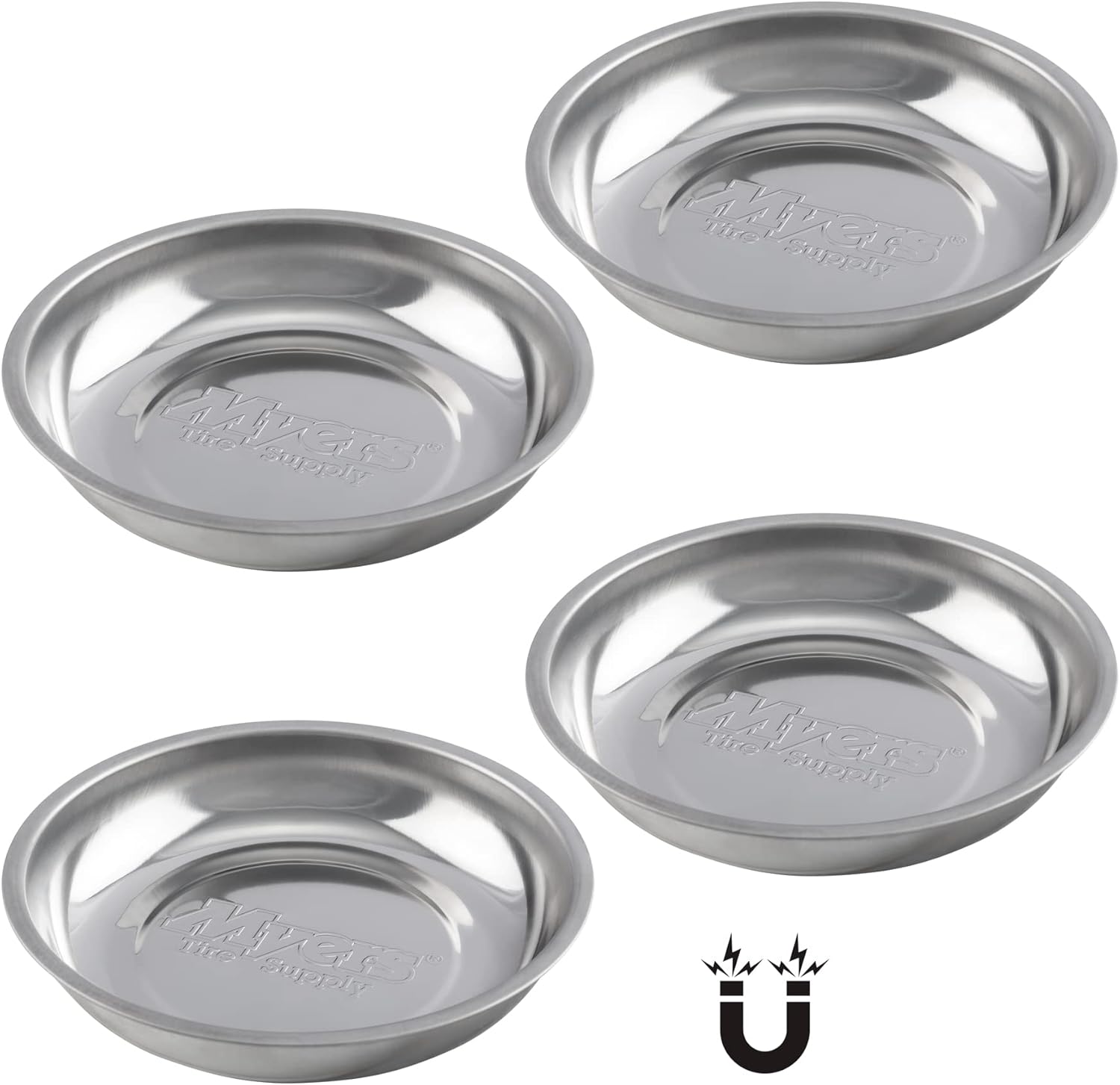 Myers Tire Supply Heavy Gauge Polished Steel 6 inch Round Magnetic Trays w/Strong Magnet | Great for Mechanics and DIY, Set of 4
