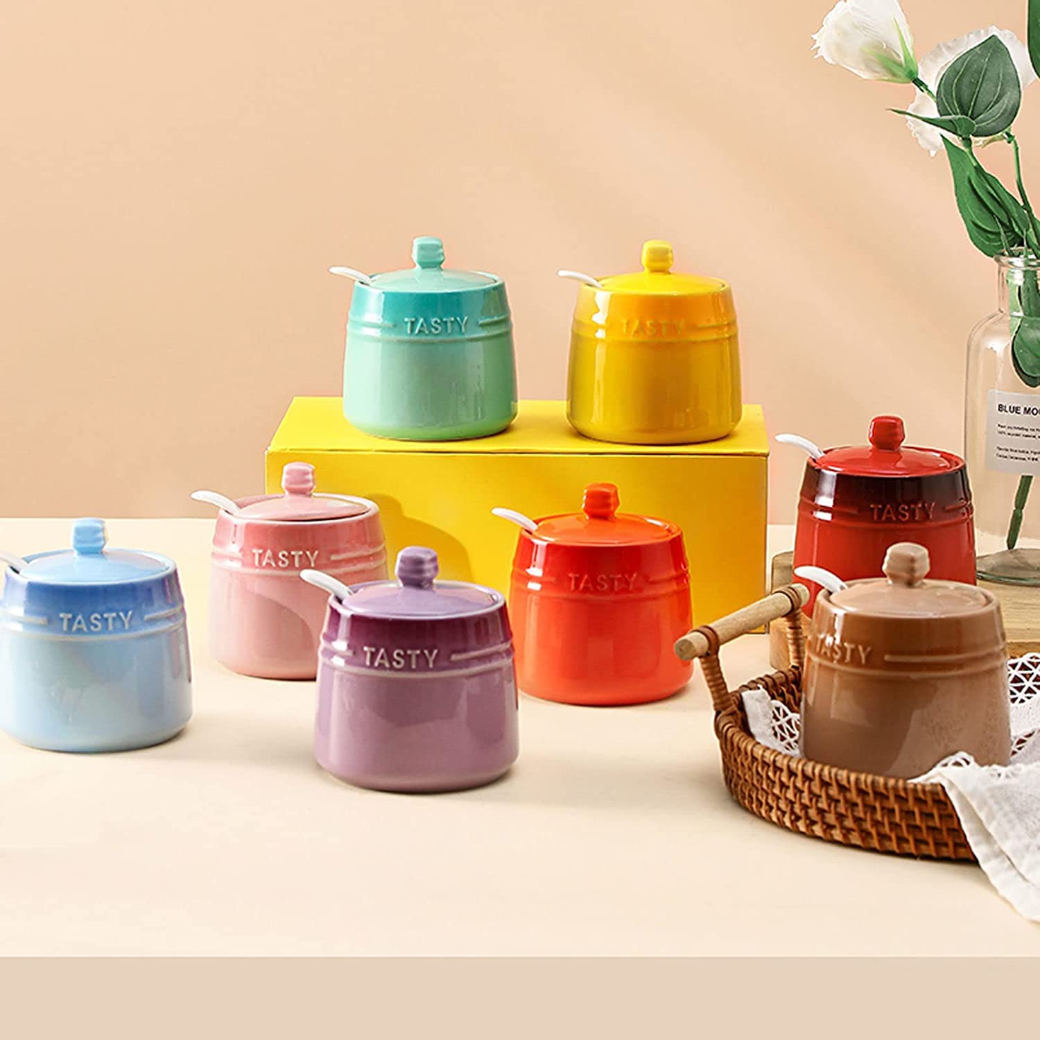 Azucarero de cerámica, jarra for crema, azucarero de cerámica con degradado francés con tapa, azucarero sólido con cuchara, tarro de especias de porcelana, decoración de cocina, almacenamiento, rojo (