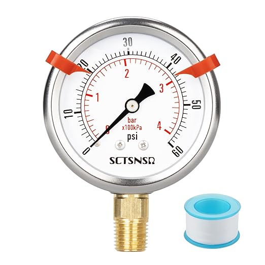 0 to 60 Psi Pressure Gauge, Glycerin Liquid Filled, 2.5 inch Dial, 1/4" NPT Lower Mount, Stainless Steel Case, for Pool Sand Filter, Water Pump, Propane, Coolant, CO2, Gas, Low Pressure Test