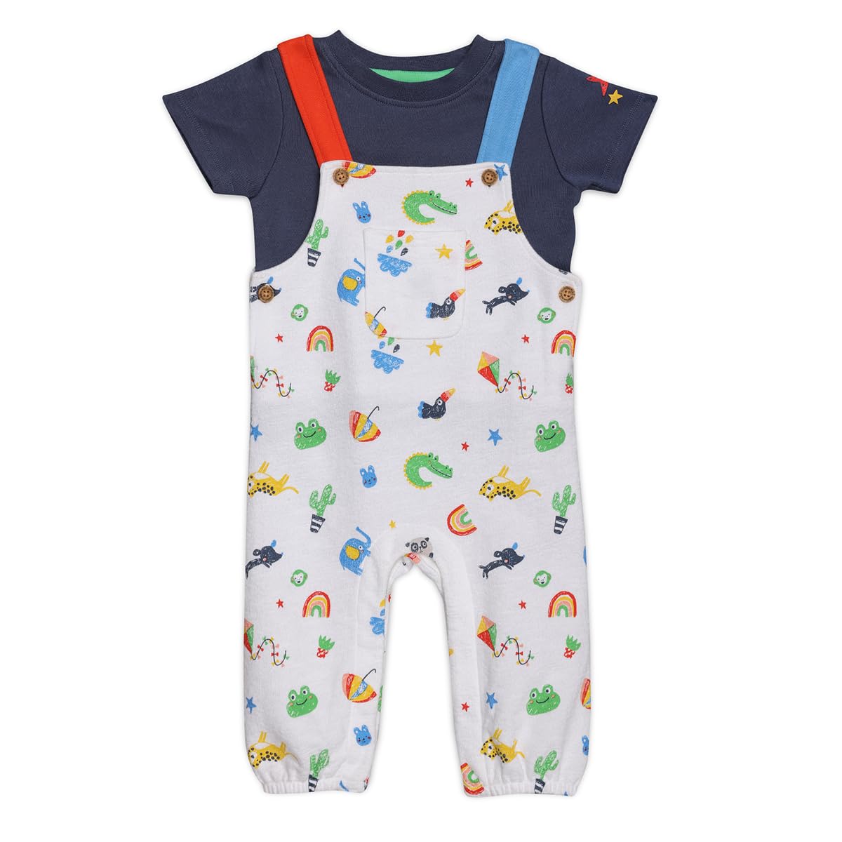 Mini Cuddles Men's Multi Baby Boys Animal & Rainbow Printed Dungaree Set, Colour (9-12M)