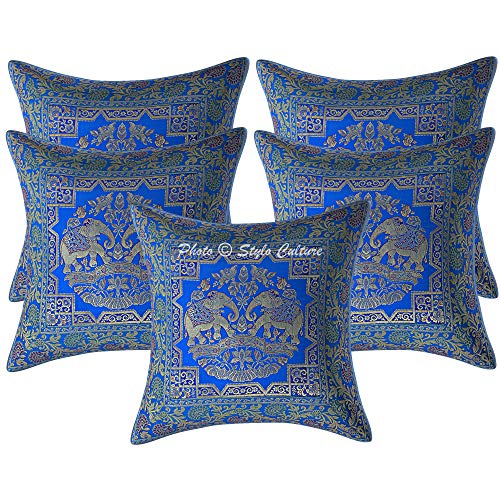 Image of Decorative Brocade Cushion Cover 16x16 Inch Banarasi Jacquard Weave Turquoise & Gold Living Room Decor Elephant Traditional Square 40x40 cm Zippered Sofa Settee Pillowcase -1 Pc