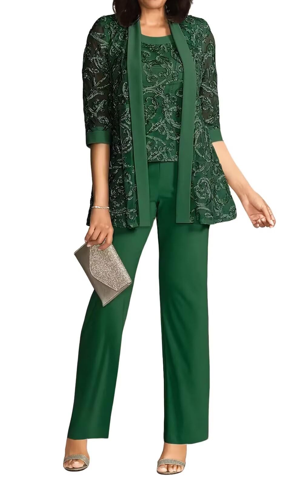Lace Mother Bride Pant Suits 3 Pieces for Wedding Chiffon Formal Wedding Guest Outfits with Jacket