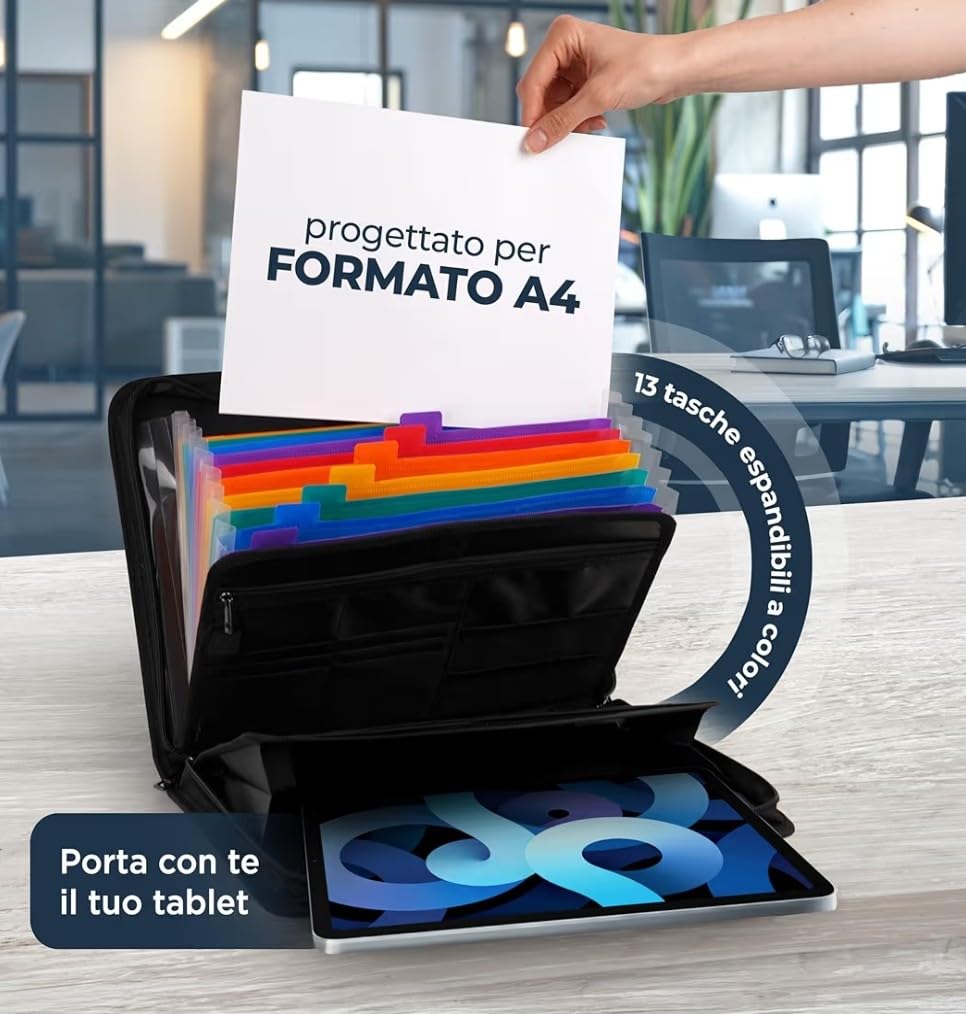 Cartella Portadocumenti in Eco Pelle Nera Porta Documenti A4 12 Slot Carte Organizer Ufficio Viaggio 36x26x5 cm