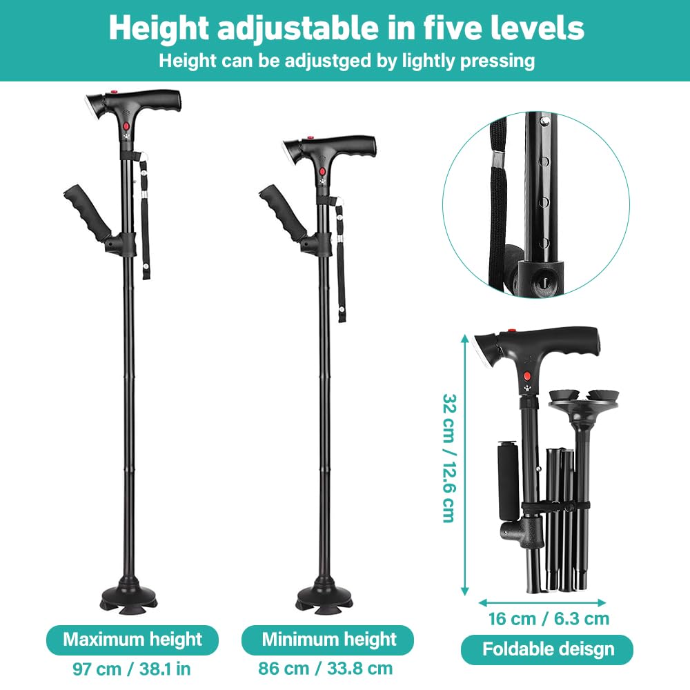 Bastone da passeggio pieghevole, con luce a LED e allarme, portatile, leggero, pieghevole, per uomini e donne, impugnatura ergonomica, base quadrupla, uso quotidiano per anziani e adulti