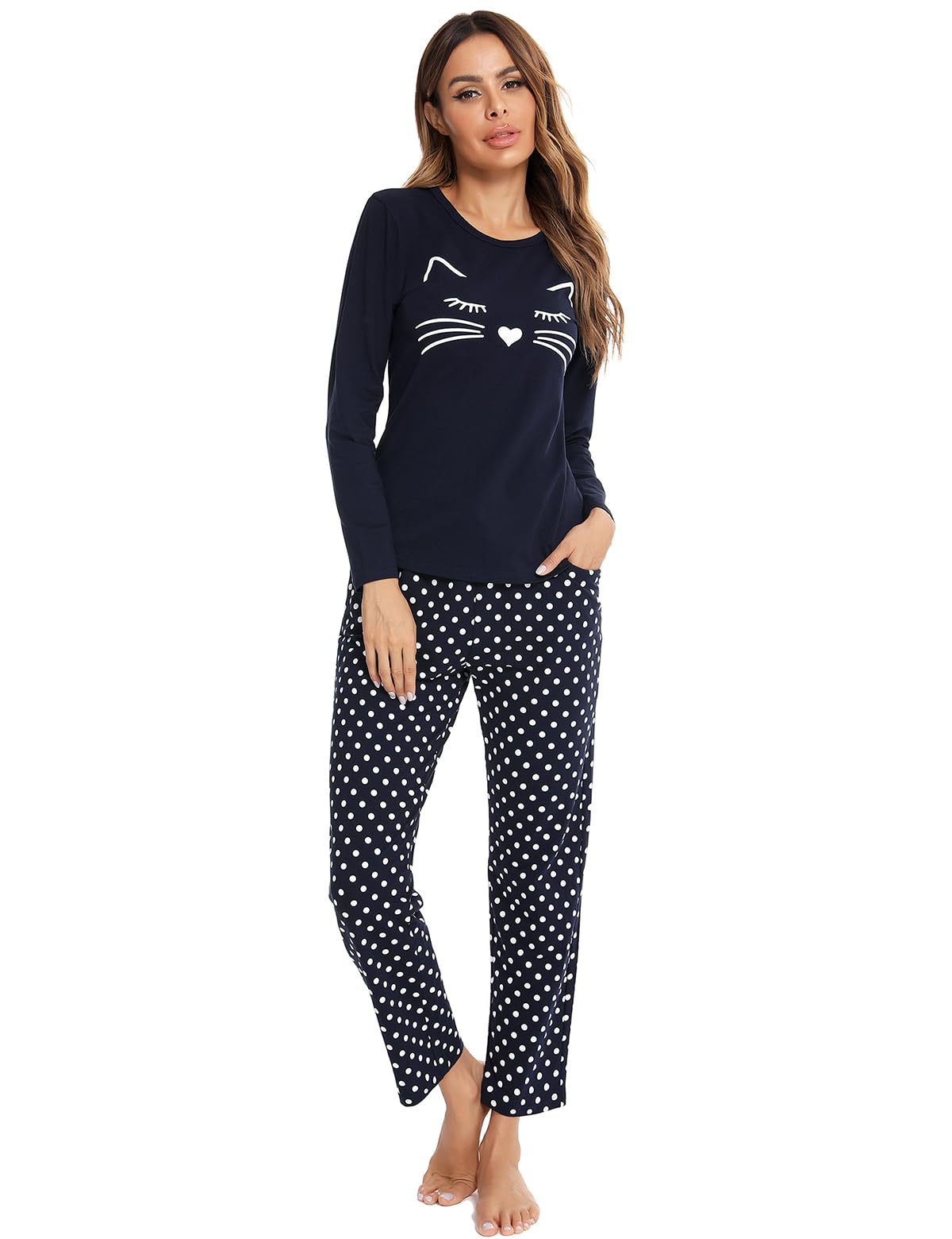 SPKPKEY 2-teilig Damen Baumwoll-Schlafanzug Langarm mit Niedlichem Print Loungewear Nachtwäsche Set