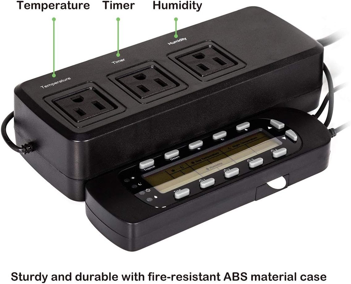 PETSPIONEER Temperature & Humidity Controller Reptile Timer, Dual Stage Outlet Reptile Humidity Controller Heat Thermostat with Heating & Cooling Mode, Day & Night Use