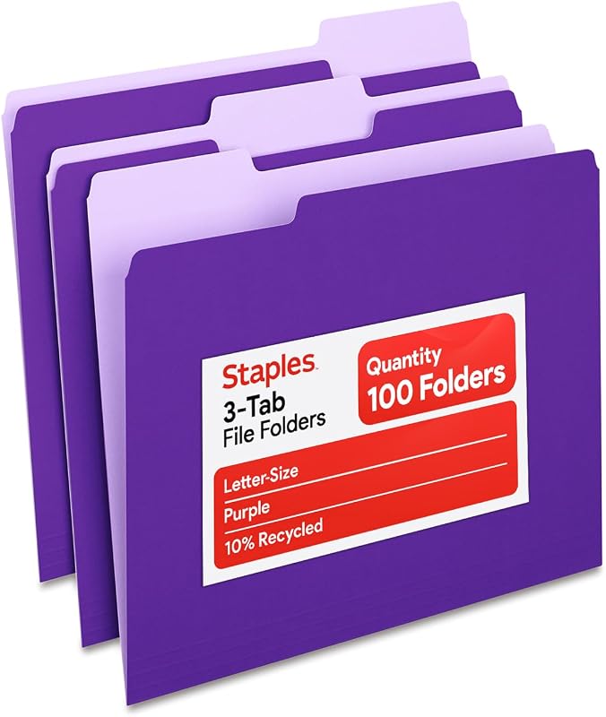 Carpetas de archivos Staples, tamaño carta, pestañas de corte 1/3, morado, paquete de 100 | Papel duradero de 10,5 puntos para el archivo diario de documentos de oficina.