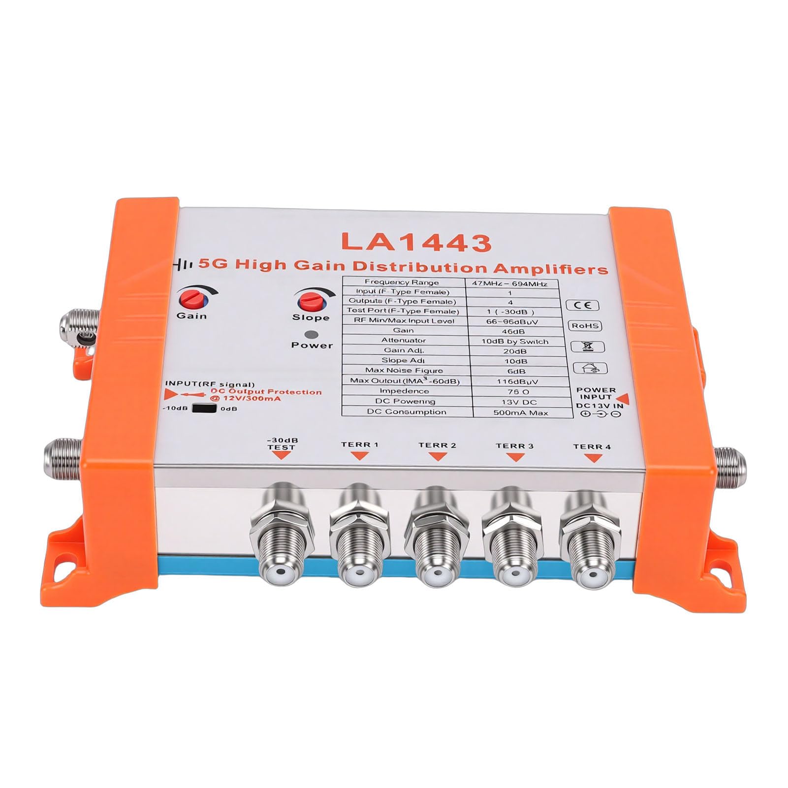 Cuifati Amplificateur de Distribution TV 4 Ports avec Filtre 5G LTE à Gain de 45 DB pour Amplificateur de Signal D'antenne de Télévision par Câble avec 1 Entrée 4 Sorties à Faible Bruit (Prise UE)