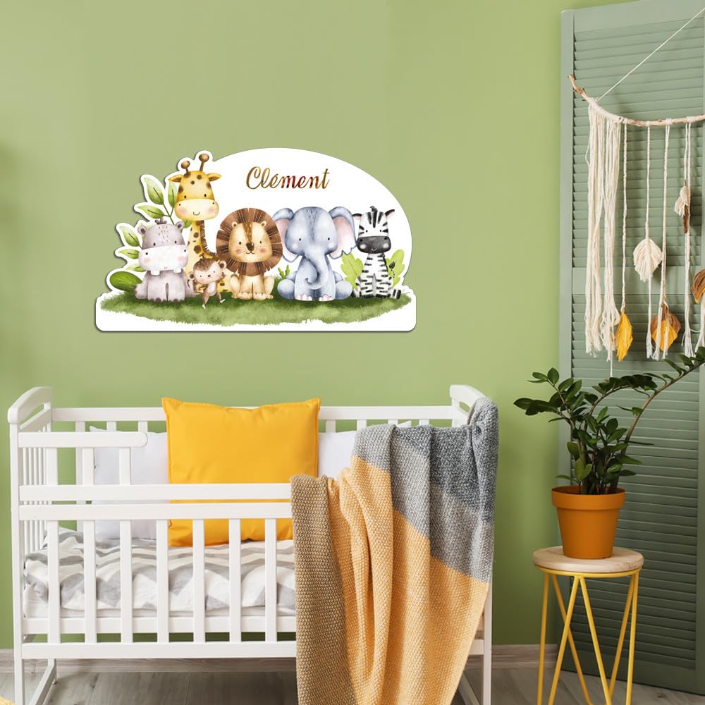 Adzif.biz Le sticker de decoration Tête de lit Animaux de la Jungle Personnalisable, Plaque Murale décor Chambre bébé Animaux de la Jungle