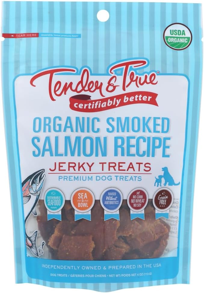 Tender & True Pet Nutrition Sustainable Salmon Recipe Jerky blue bag 4 ounces 4 Ounce (Pack of 1)