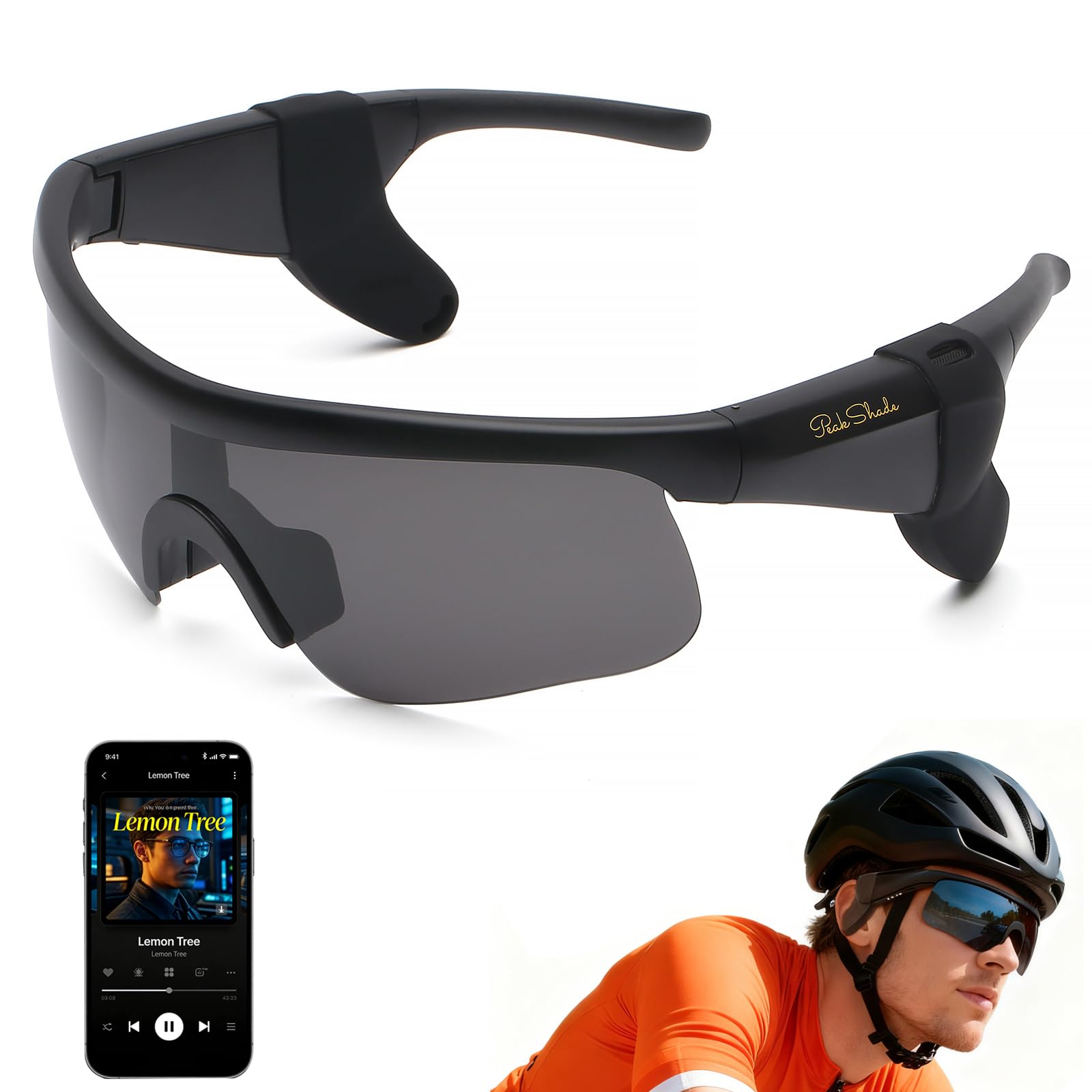 Peak Shade Smart Glasses, Sport Sunglasses Bluetooth 5.3, Voice Control Open-Ear Speaker, Polarized UV400 Protection, Magnetic Charging, IPX5 Waterproof Glasses for Outdoor(Black/Grey)-image-7