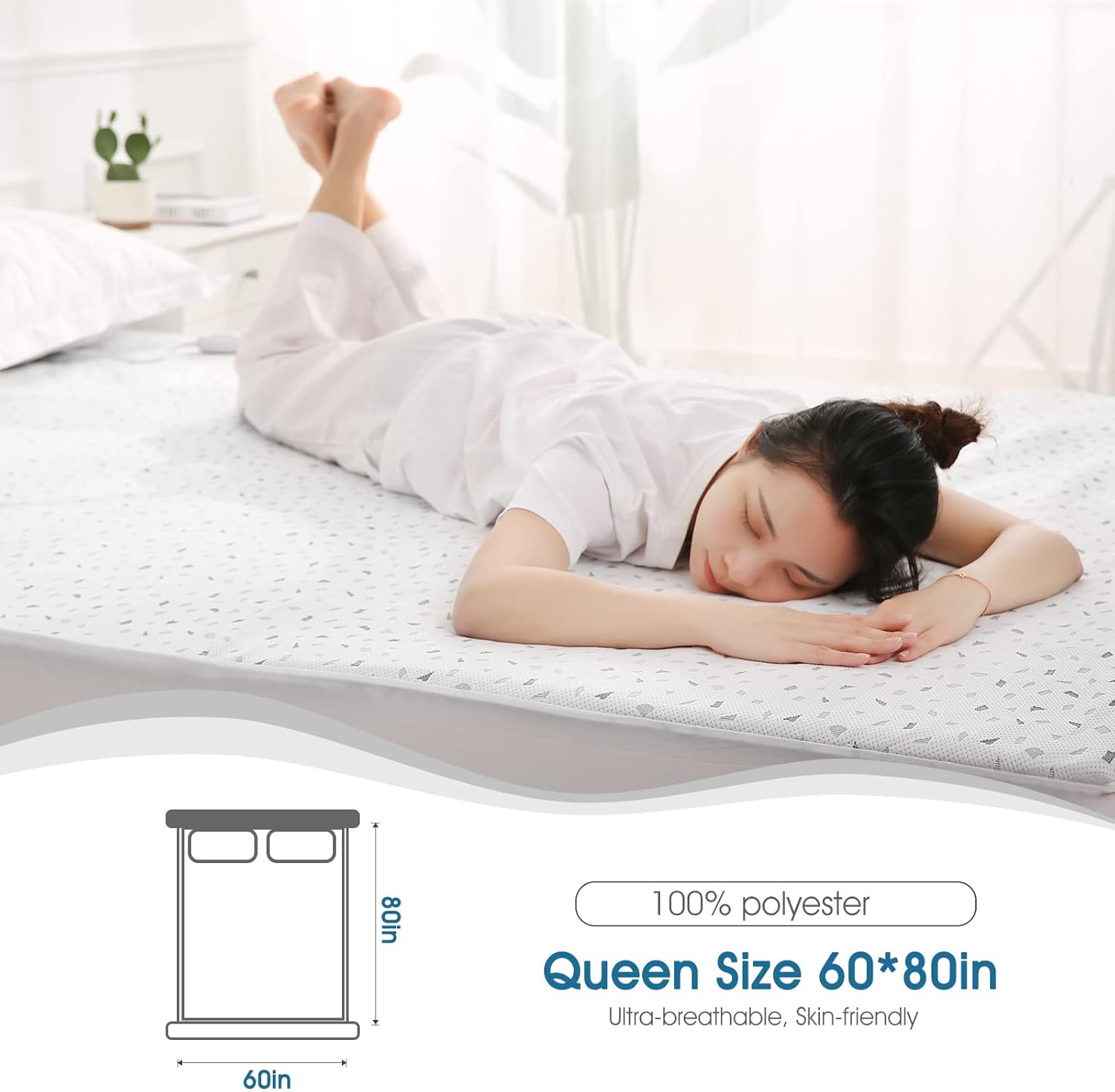 Heated Mattress Pad Queen Size 60" x 80", Electric Underblanket Mattress Cover Bed Warmer Fit up to 15" Deep Pocket, Dual Control with 4 Heat Settings, Auto Off & Fast Heating & Machine Washable