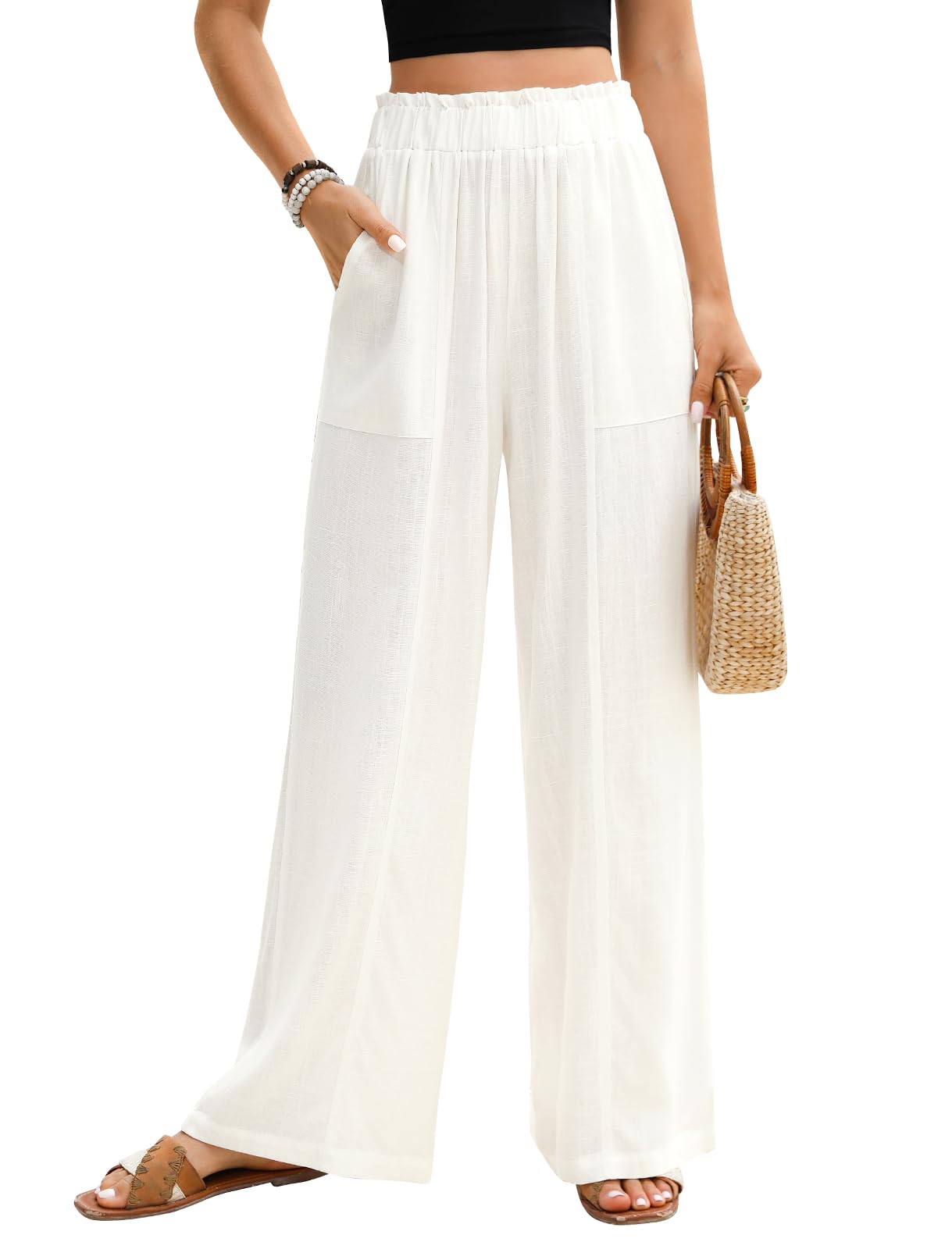 PASUDA Leinenhose Damen Sommer Hosen Leicht Weite Bein Palazzo Hose Elastisch Taille Dehnbar Elegante Sommerhose Lockere Geschnitten Luftige Strandhose Freizeithose mit Taschen