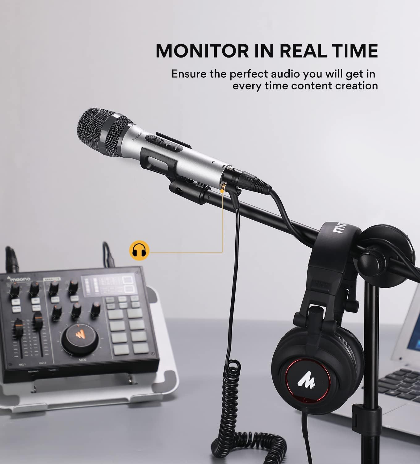 MAONO USB/XLR Podcasting Dynamic Microphone, Studio Mic Kit with Volume Control, Shock Mount, Pop Filter, Ideal for Vocal, Recording, Voice Over, Live Streaming - Silver