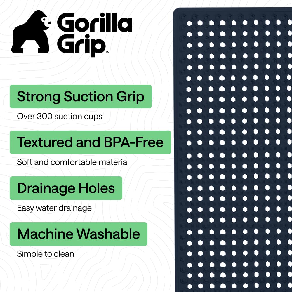Gorilla Grip The Original Patented Shower and Bathtub Mat, 35x16, Long Bath Tub Floor Mats with Suction Cups and Drainage Holes, Machine Washable and Soft on Feet, Bathroom Accessories, Navy Opaque