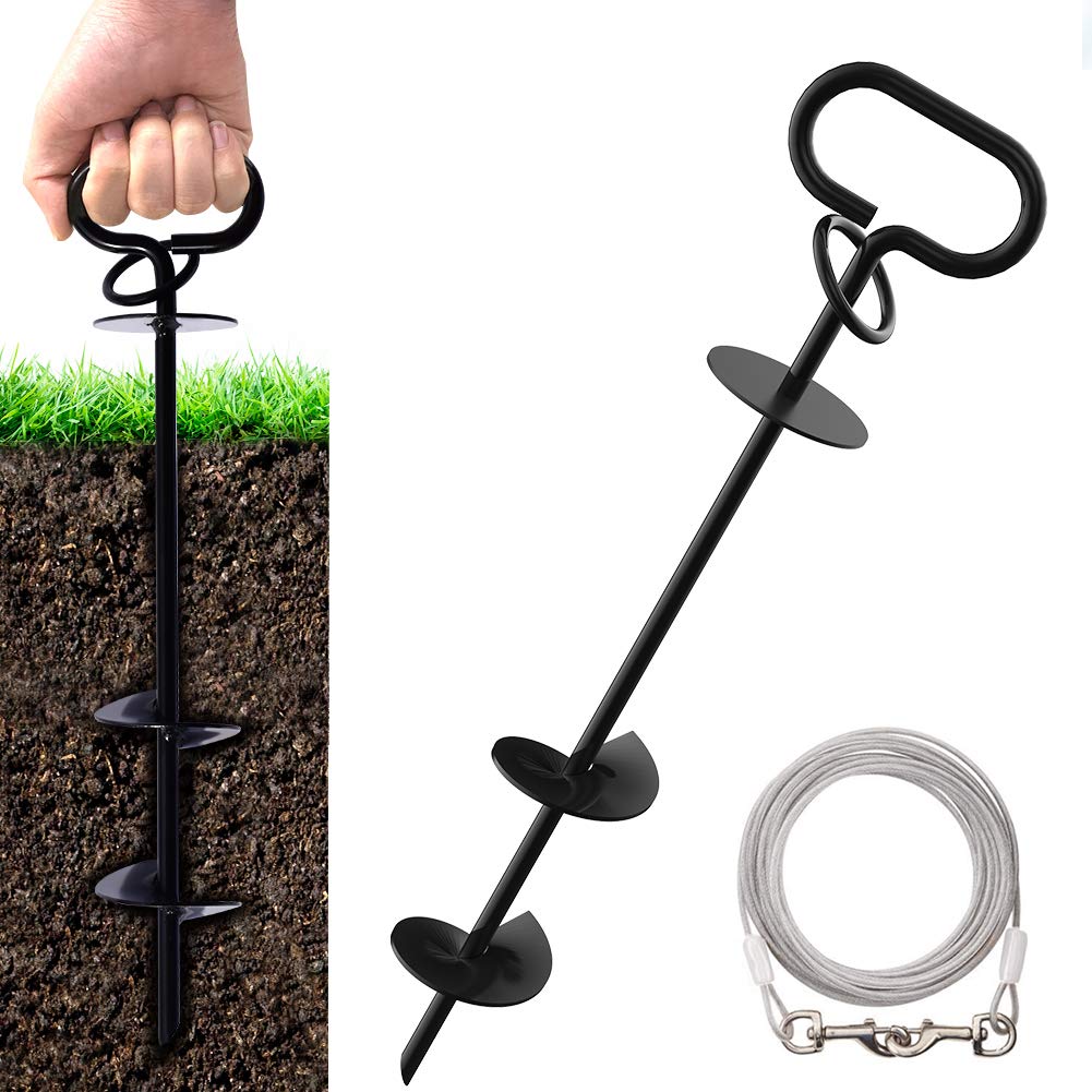 Eurmax USA Canopy Tent Stakes Dog Tie Out Stakes Corkscrew Shape Steel Trampoline Stakes with Iron Rod Installation Tool & Wind Ropes