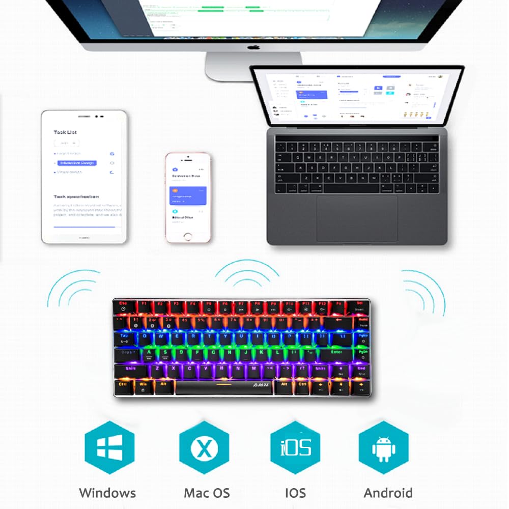 FELiCON AK33 Tastiera Meccanica Bluetooth Gaming Wireless & Wired due modalità, 3 canali di connessione Bluetooth, 18 Rainbow Backlit, QWERTY 82 Tasti anti-ghosting (interruttore blu, nero)