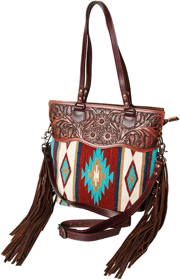 American Darling CrossBody Bag Saddle Blanket Fabric Hand Tooled Genuine Leather Western Women Handbag | for