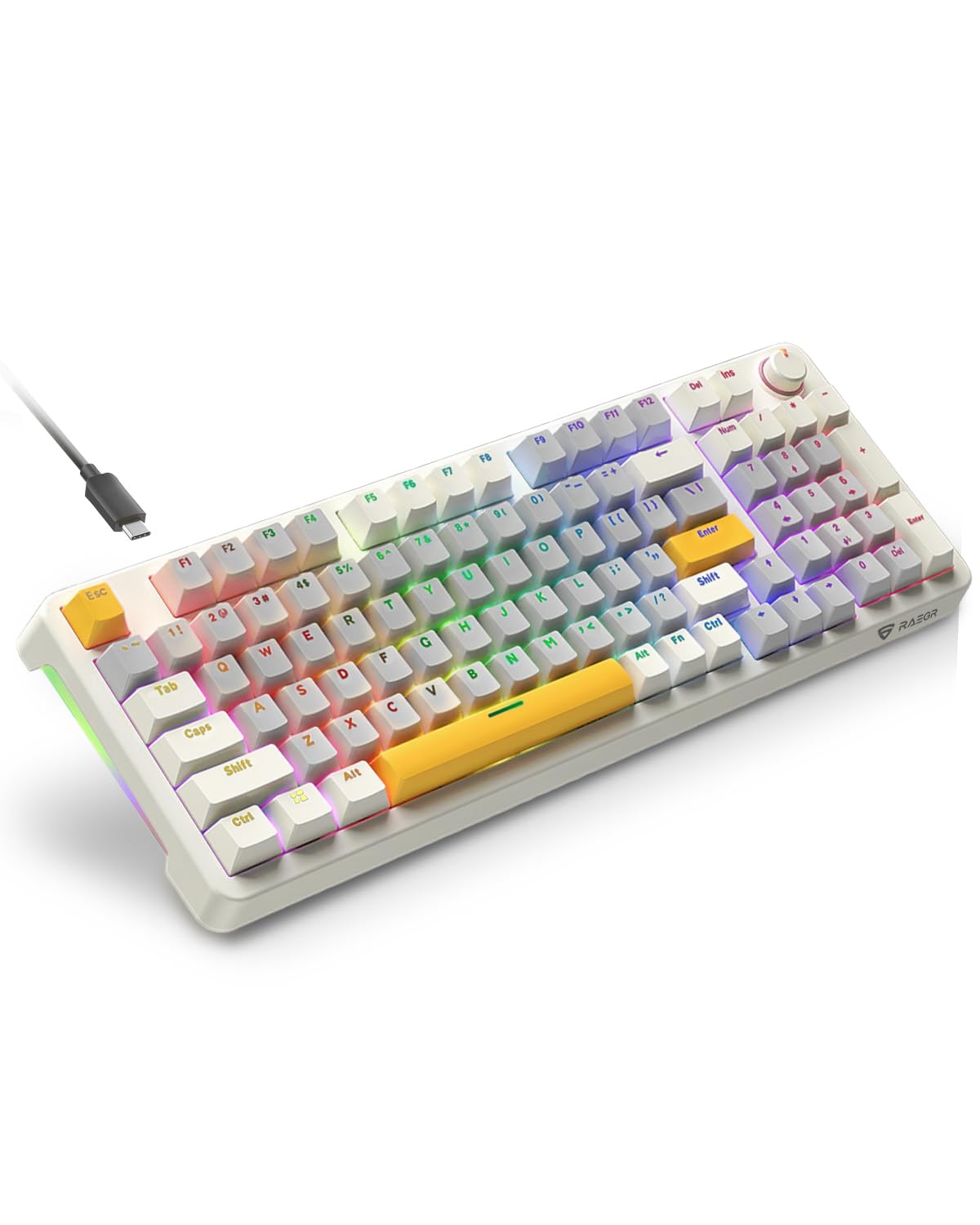 RAEGR MechGear X100 Mechanical Gaming Keyboard, 98 Keys Compact Full Size, Rainbow Backlit, Hot-Swappable Switches, Multi-Function Volume Knob with Detachable Cable – RG10597 White/Grey-picture-19