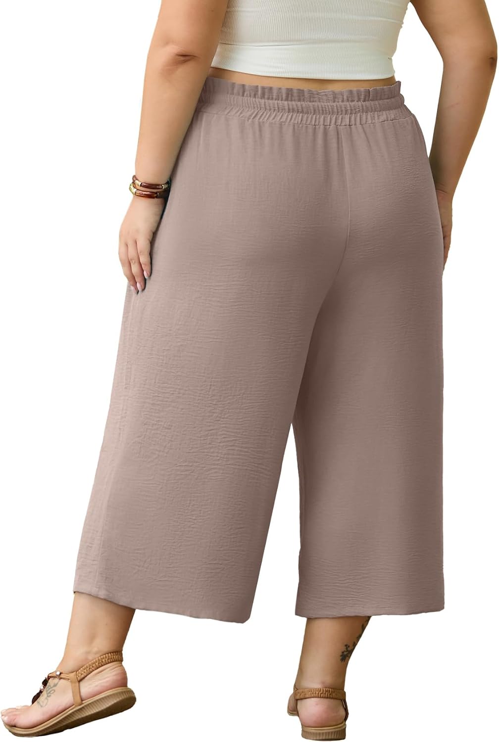 OLRIK Plus Size Capris for Women Summer Wide Leg Pants High Waist Drawstring Casual Capri Trousers with Pockets - Image 4