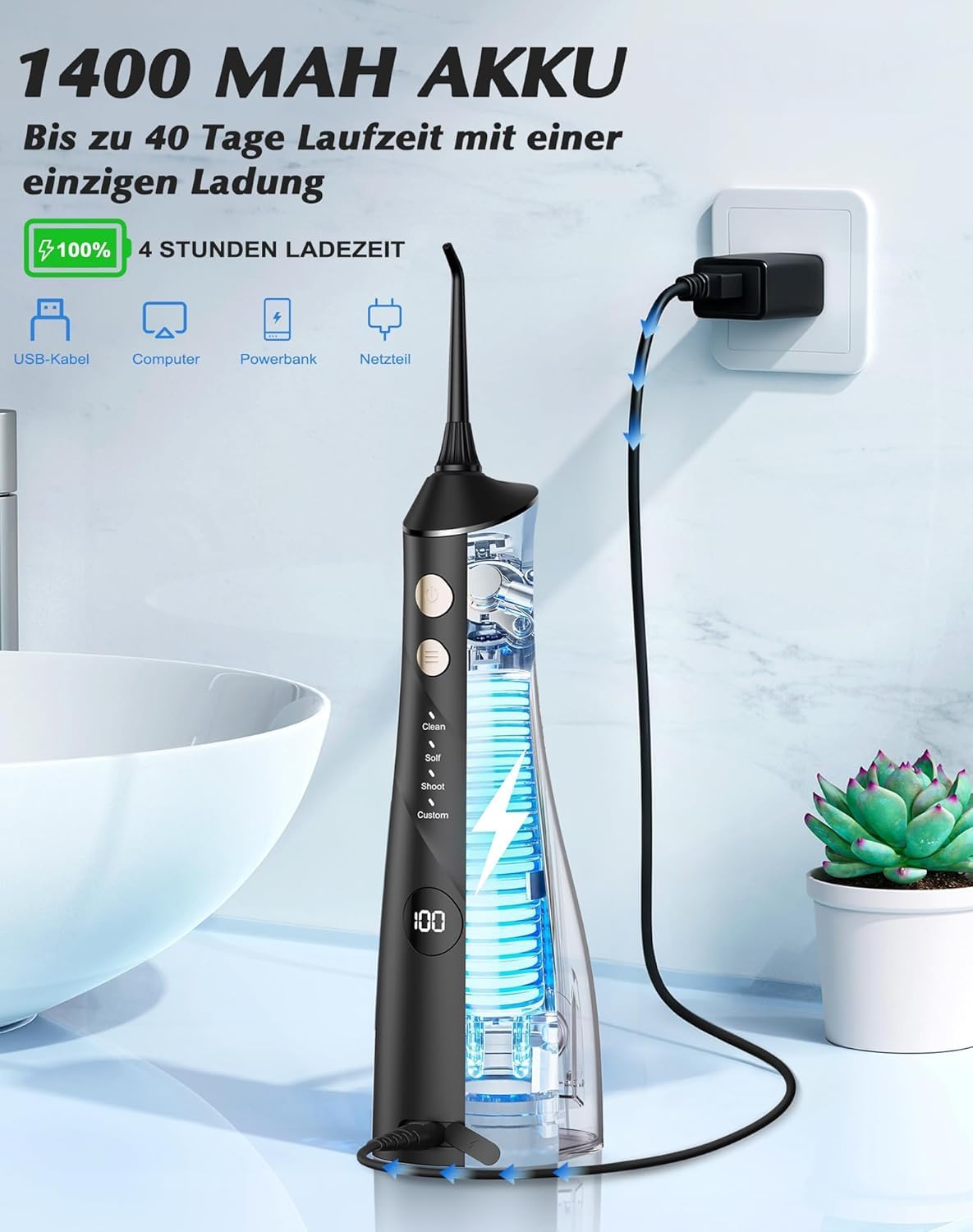 Munddusche Kabellos Elektrischer, 2026 Testsieger, 5 Jet-Tipps und 4 Modi, Zahnpflege und Zahnreinigung Zwischenräume, Mundpflege, Großer Tank, IPX7 Wasserdicht, für Hause und Reisen