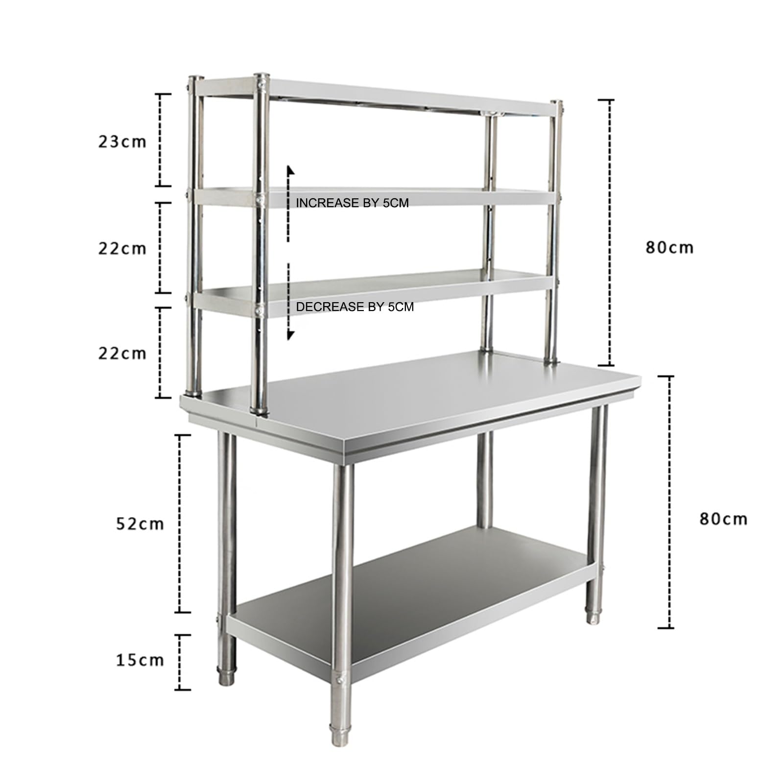 Regulowany stół roboczy ze stali nierdzewnej z półkami – wytrzymały stół komercyjny do restauracji, kuchni, magazynu, garażu (80 cm x 60 cm x 80 cm)