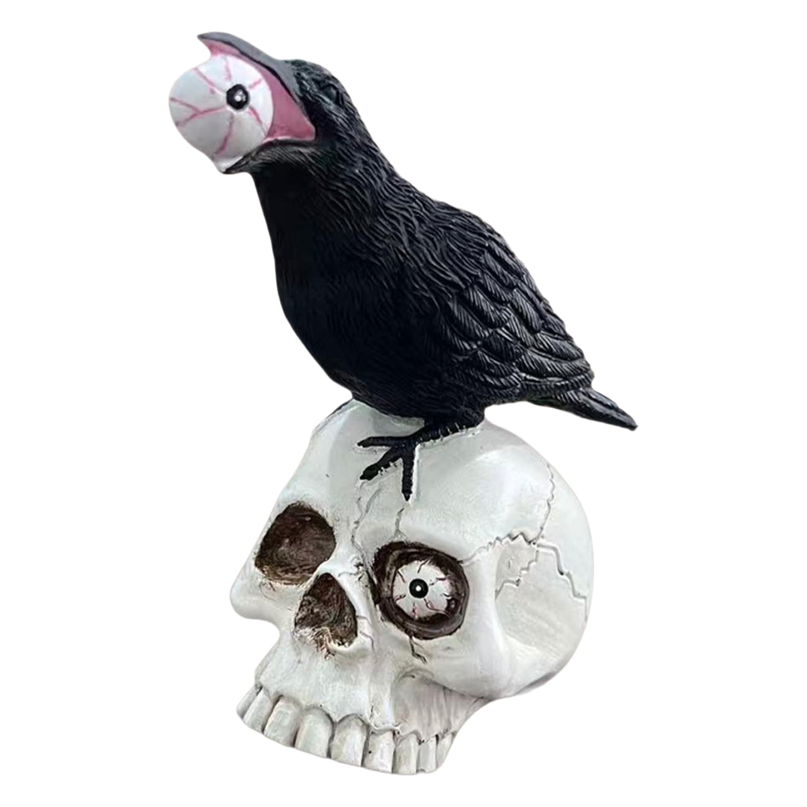 Virelynx Raven on Skull Halloween Decor – Gothic Crow on Skull Statue, Perching on Skeleton Figurine Macabre Ossuary Sculpture