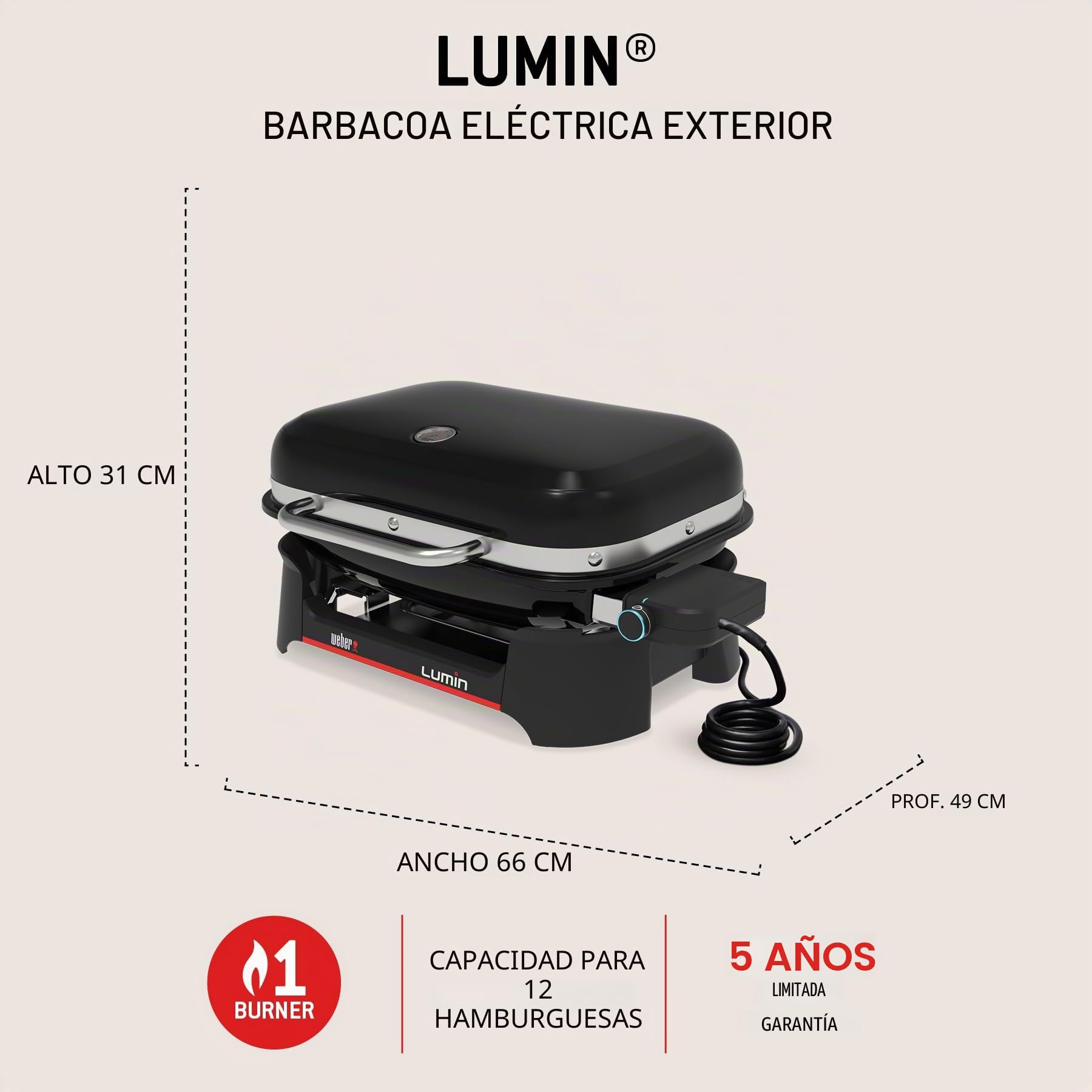Weber Lumin Barbacoa eléctrica, hasta 315 °C, con termómetro Integrado en la Tapa, Parrillas de Hierro esmaltado, Superficie de cocción de 33 x 49 cm, Negro (1502045)
