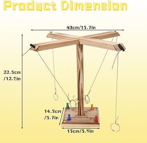 Miniatura 5 de Juego de lanzamiento de anillos de gancho para adultos, juego de mesa de madera hecho a mano con escalera de tiro y cuerda ajustable, juego de mesa