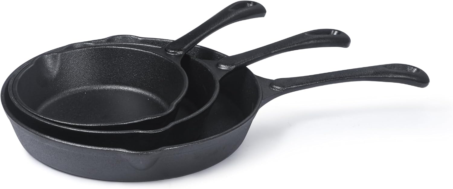 3-Piece Pre-seasoned Cast Iron Skillet Set – 6″, 8″, 10″