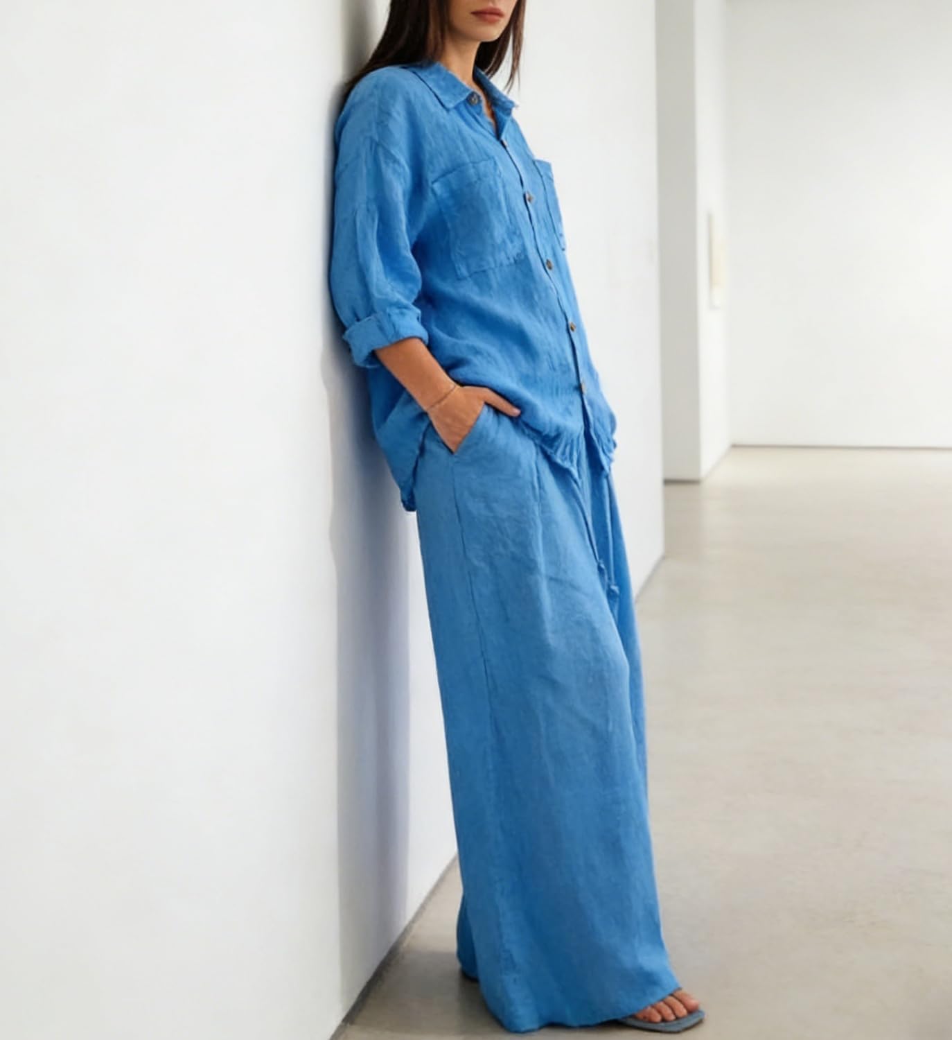 Women's Casual and Cozy Minimalist Linen Two-Piece Set Casual Loose Cotton Linen Solid Color Shirt Button Wide Leg Pants