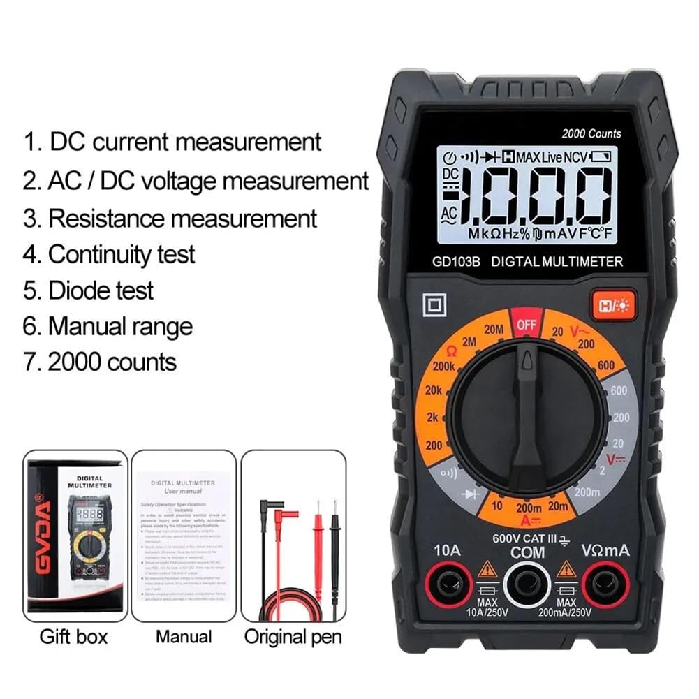 TsoLay Multimetro Digitale, Voltmetro CA CC, Tester di Tensione diodi per Test di continuità con Custodia, Letture Accurate Ohm Volt Amp, per Presa Domestica, Test Batteria per Autoveicoli