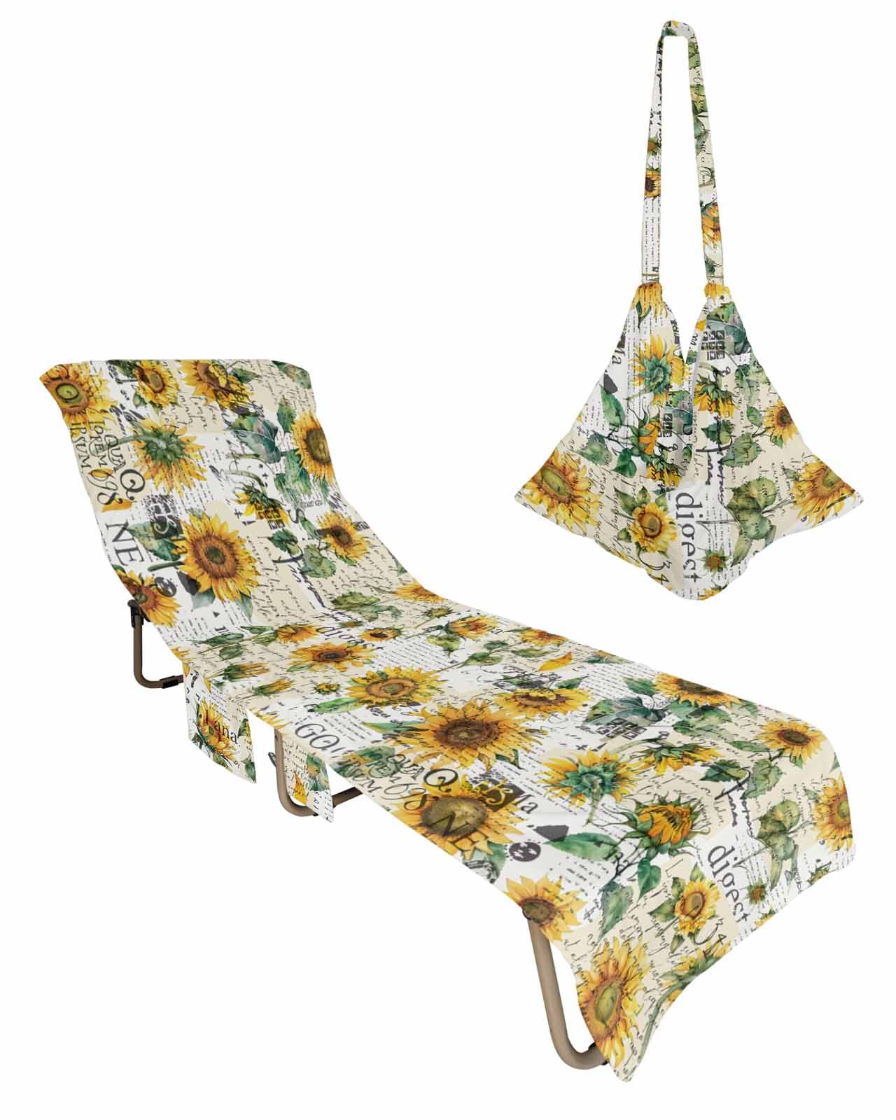 Sunflower Beach Lounge Chair Towel Cover, Soft Chaise Lounge Towel with Side Pockets Patio Pool Chairs Cover for Beach/Pool Sunbathing 29x85 Vintage Spring Summer Botanical Floral White