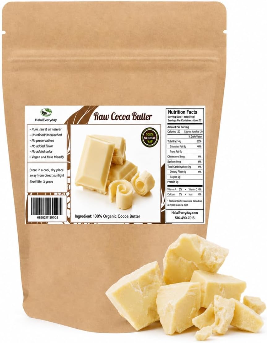 - 1 Lb Ecuadorian Cocoa (Cacao) Butter - Pure, Raw and Unprocessed - Use for Lotion, Cream, Lip Balm, Oil Stick or Body Butter - NON-GMO, Vegan and Halal