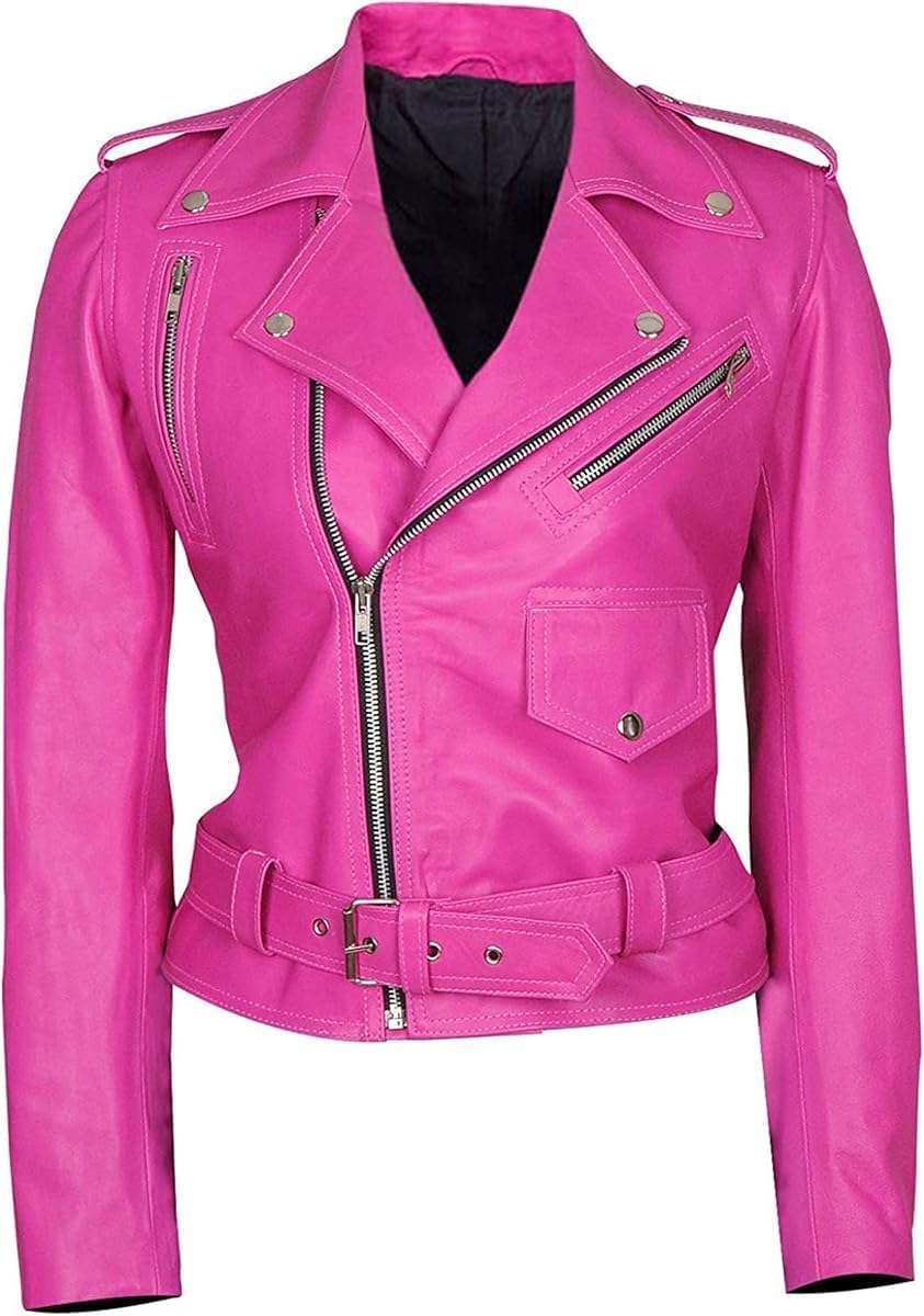 SpazeUp Women's Hot Pink Leather Jacket - Casual Fashion Cute Pink Lambskin Leather Jacket for Women Motorcyle Jackets
