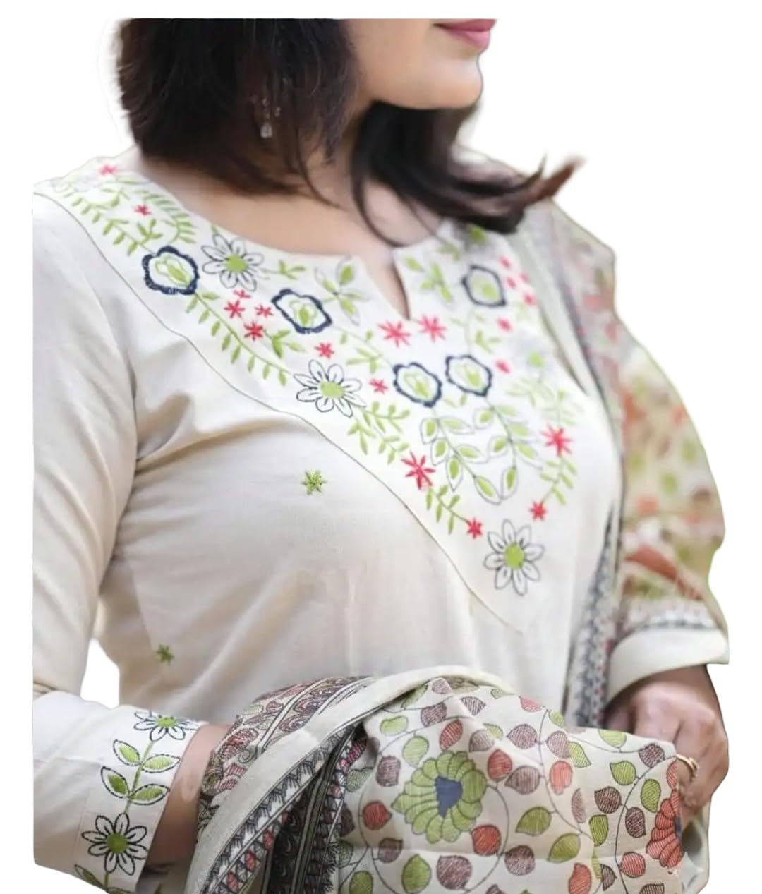 Women's Printed Kurta Pant Dupatta Set, Cotton Blend, Off-White with Floral Embroidery, 3 Piece Ethnic Wear