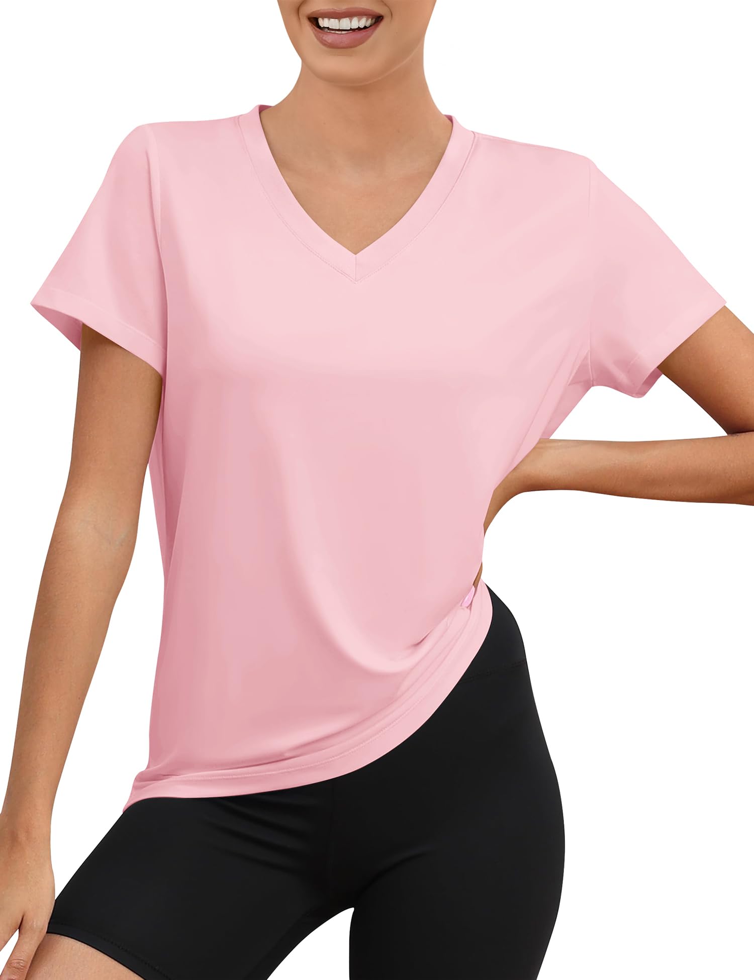 Rapbin Damen V Ausschnitt Sportshirt Kurzarm, UPF 50+ Leichtes Atmungsaktiv Trocken Funktions Sport Oberteile für Fitness Laufshirt Yoga