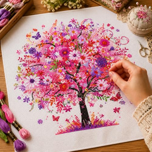 Image of Zhenqing Pink Blossom Tree Stamped Cross Stitch Kit for Beginners, 11CT Printed 11.8 x 11.8 Inch Romantic Flower Tree Pattern with Threads, 2 Needles and English Instructions, DIY Wall Decor Gift