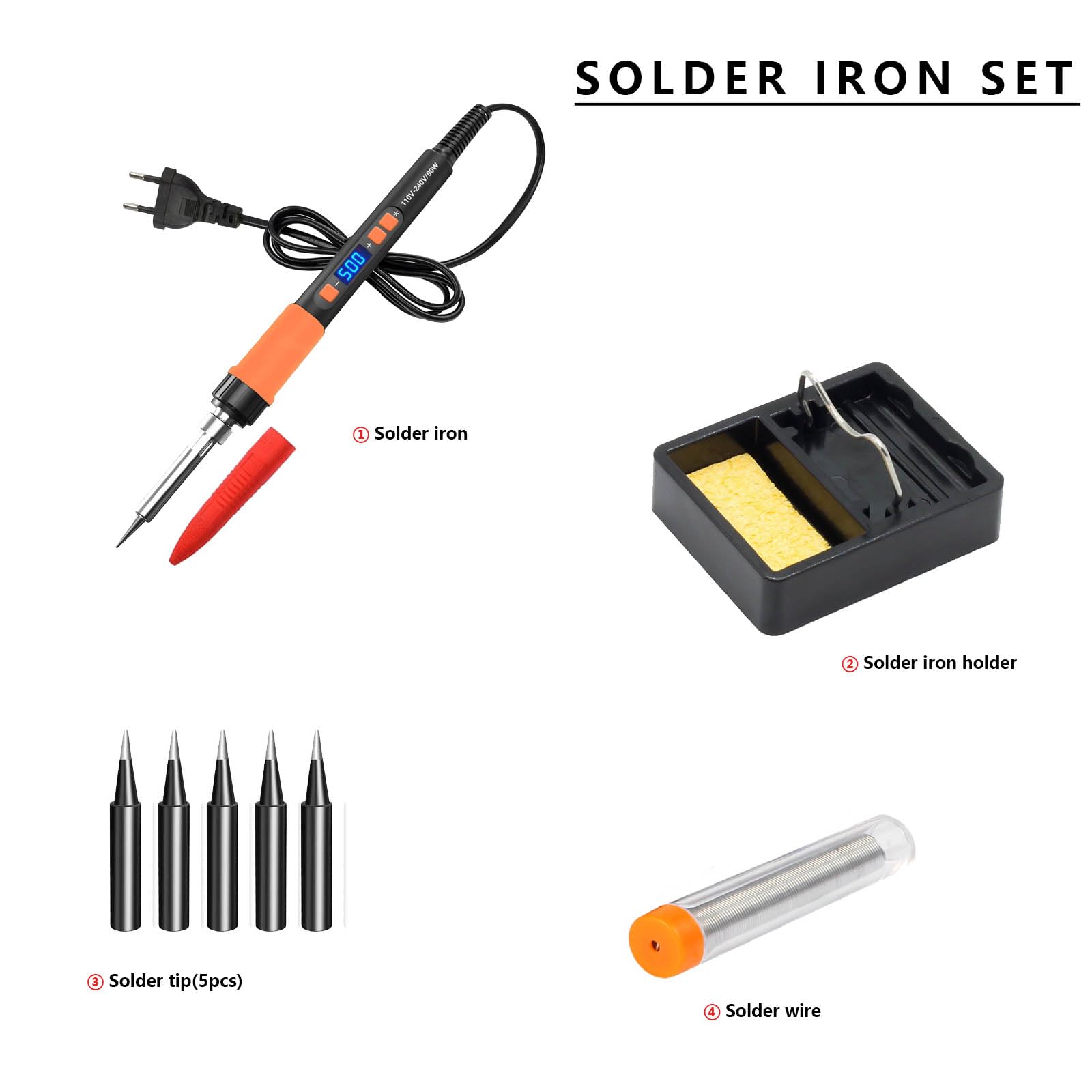 Saldatore a Stagno 90W Kit 8-in-1 Temperatura Regolabile 180-500℃ Display LED