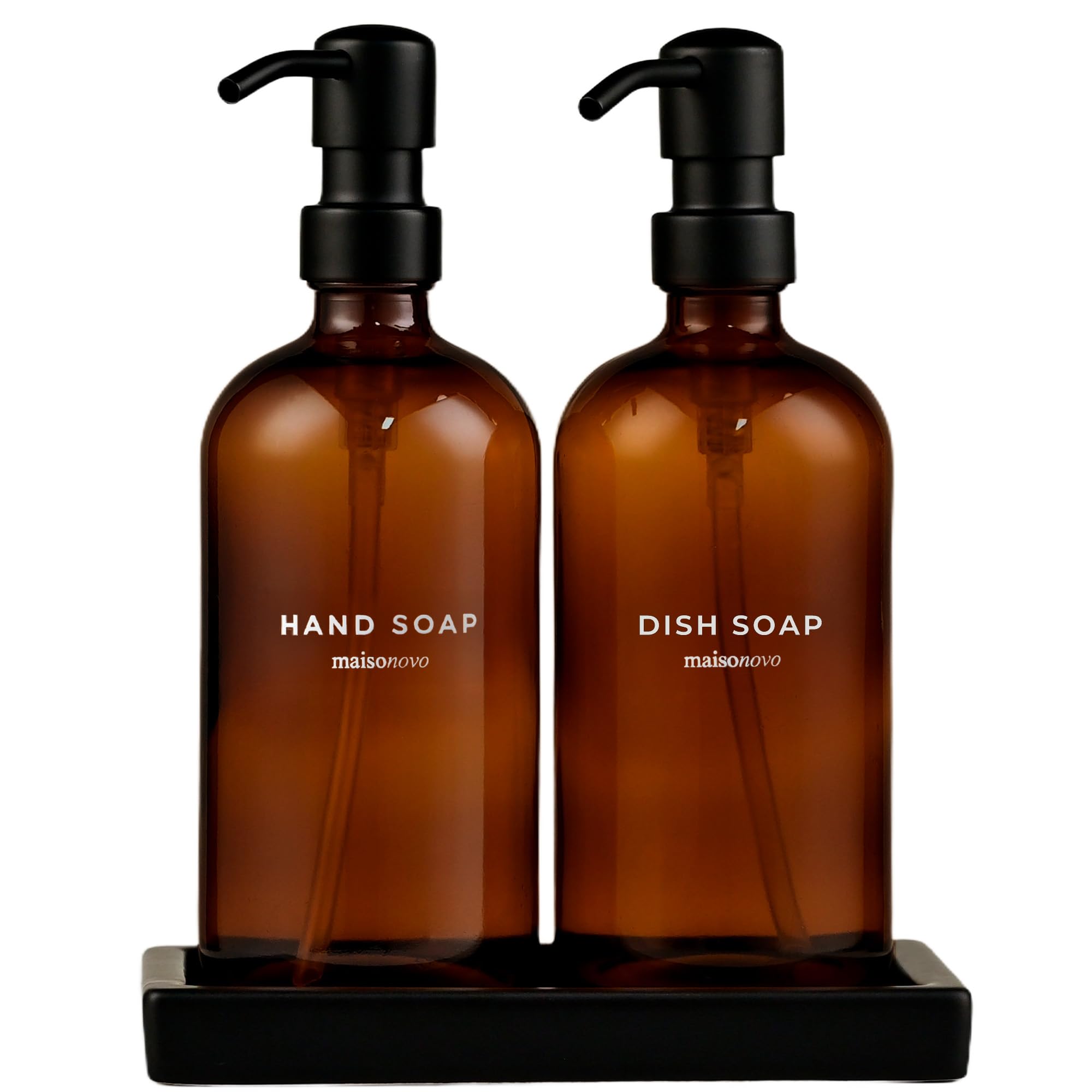 Maisonovo Amber Bottles Black Pumps + Black Ceramic Tray Hand And Dish Soap Dispenser Kitchen Set - 500 Ml Amber Glass Soap Dispenser Bottle With Pump Black X 2, Black Ceramic Tray And Waterproof Labels