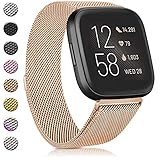 Amzpas Bands Compatible with for Fitbit Versa 2 / Versa SE/Versa Lite/Versa, Breathable  Stainless Steel Loop Mesh Magnetic Adjustable Wristbands for Women Men(Small,Rose Gold)