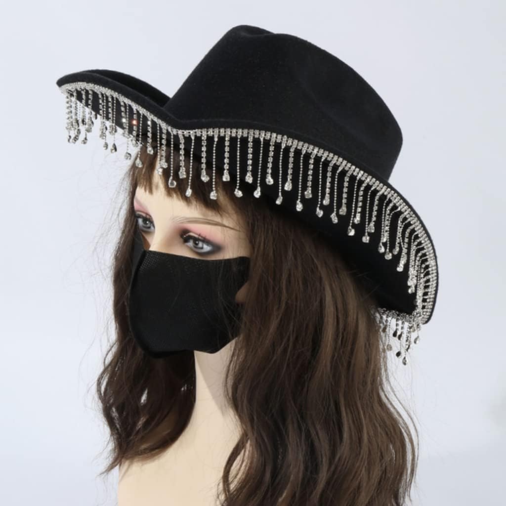 Rhinestones Cowboy Hat for Girls Rhinestones Tassels Shimmery Rave Cowgirl Hat Birthday Party Hat Costume Accessory