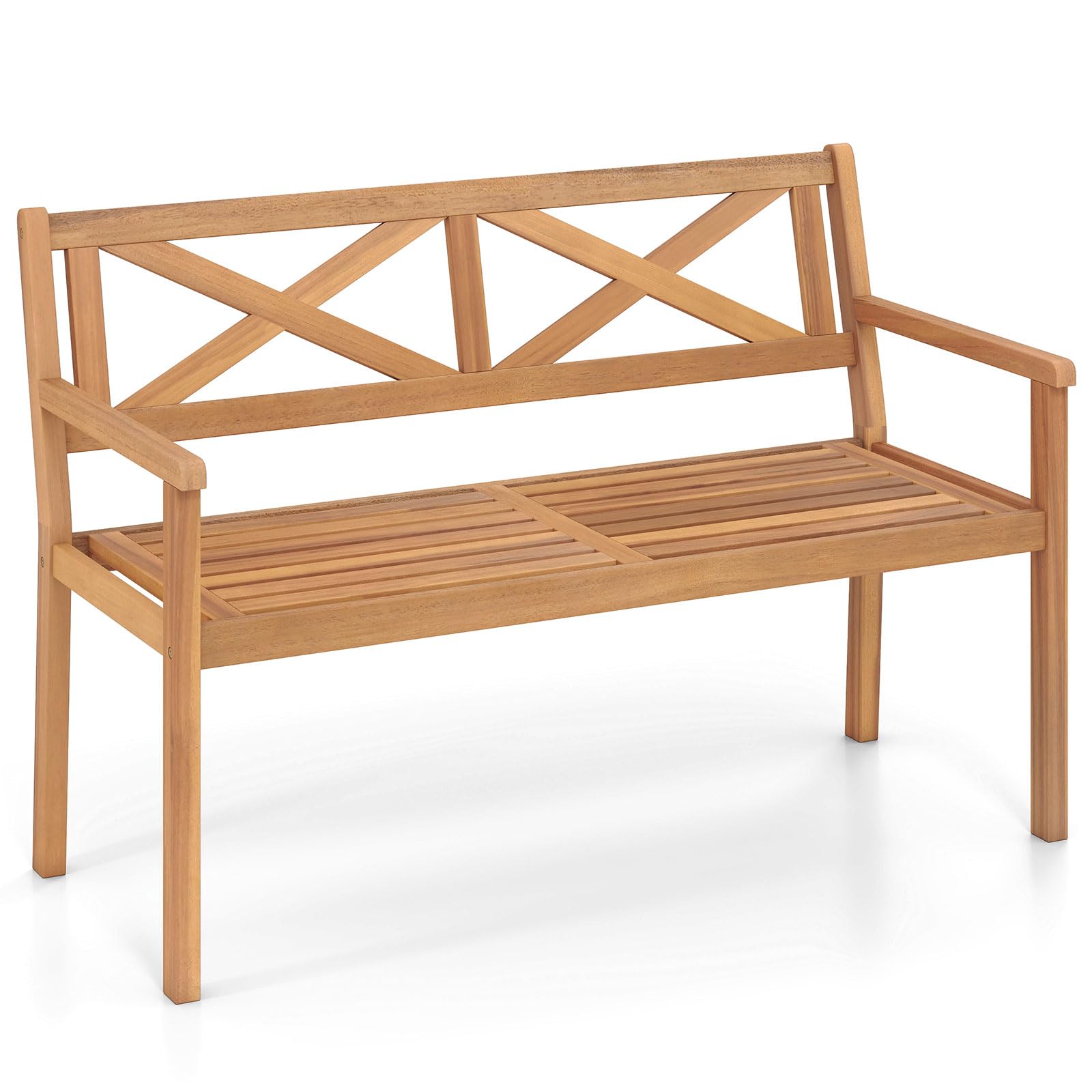 COSTWAY Banc de Jardin en Bois d'Acacia, Banc Exterieur Jardin 2 Places, Dossier Incliné à Motif Géométrique, Charge 360 KG, Accoudoirs, Banquette pour Terrasse Parc Patio Balcon, 119 x 56 x 80 cm