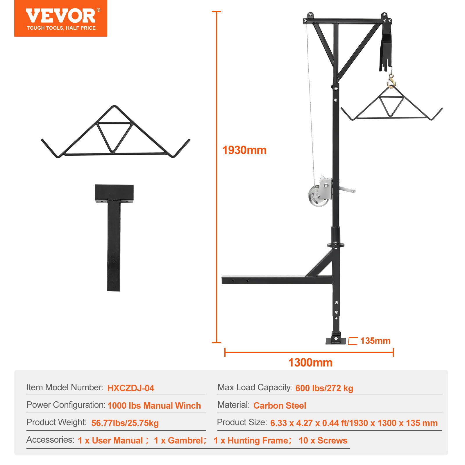 VEVOR Polipasto para Enganche de Carga 272 kg Altura Ajustable Giro 360° para Ciervos con Cabrestante