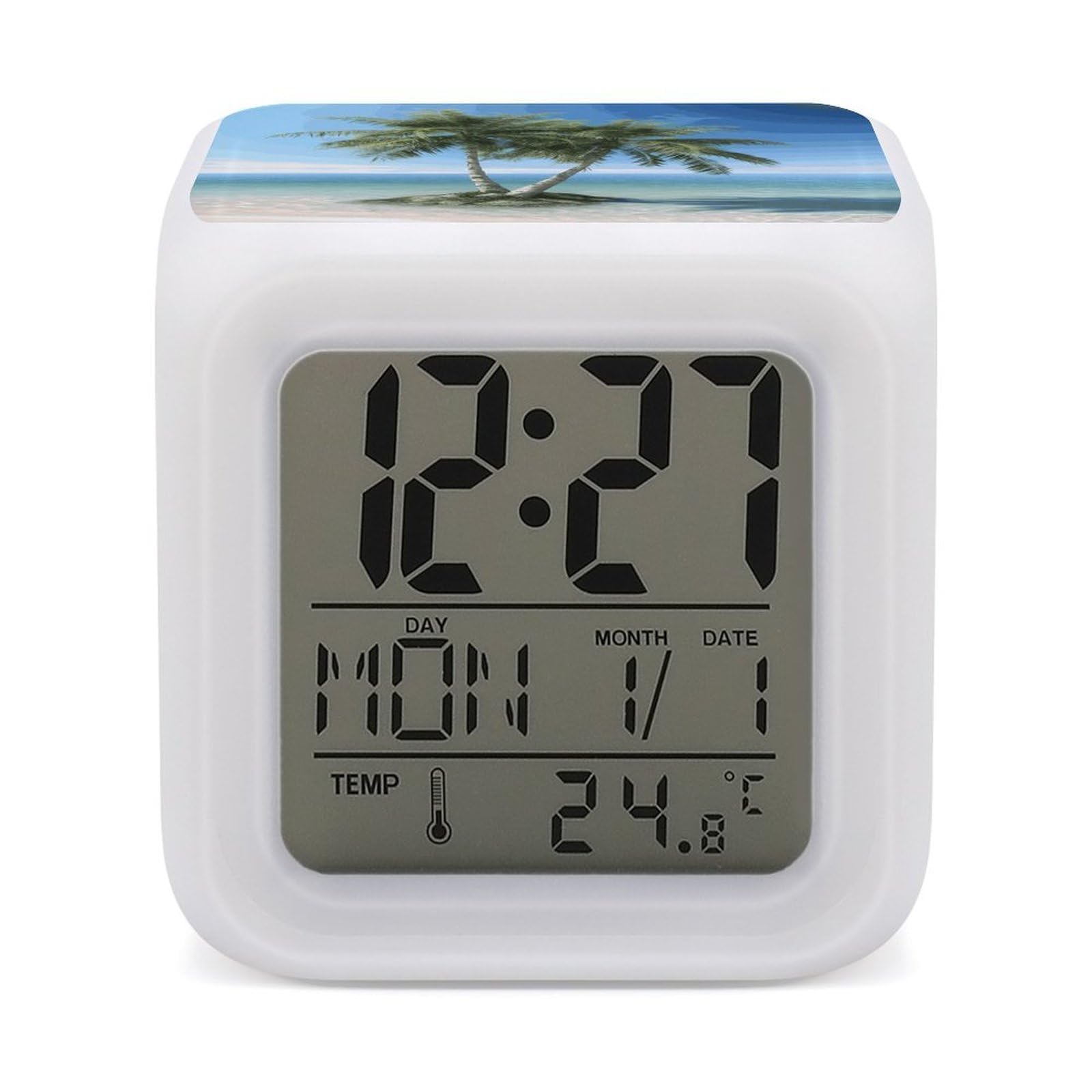 JTREHY Sea Palm Trees Alarm Clock Digital Dimmable Clock for Bedroom LED Display Screen Mini Clocks 7 Color Dimmable Night Lights Time-to-Rise Alarm Clocks for Office Living Room