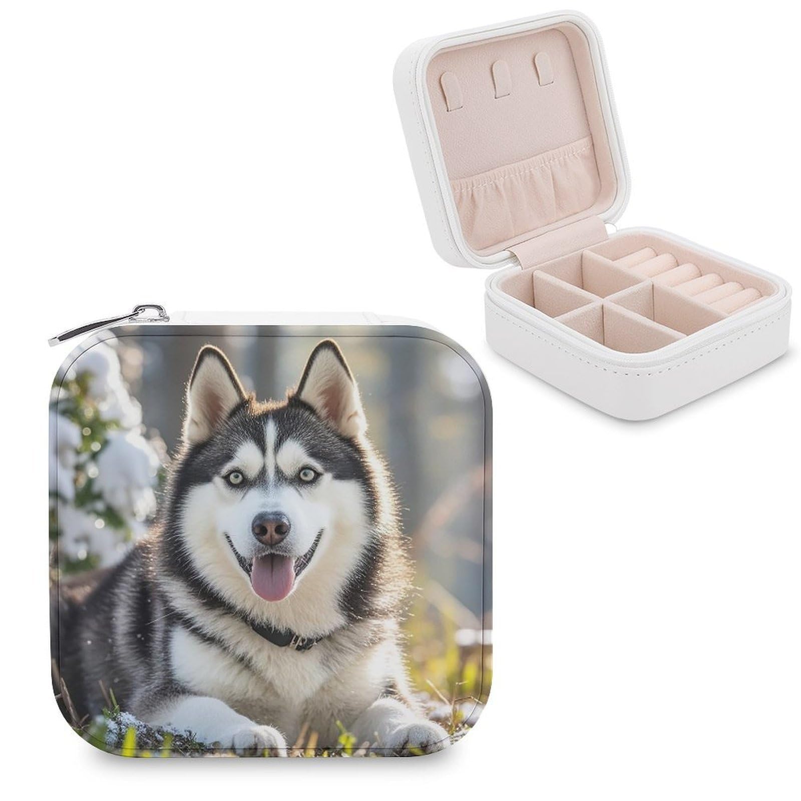 FekiLoot Adorable Huskies Travel Jewelry Box Small Jewelry Organizer Storage Case Portable PU Leather Mini Jewellry Travel Case Necklace Ring Storage Organizer Gift for Women