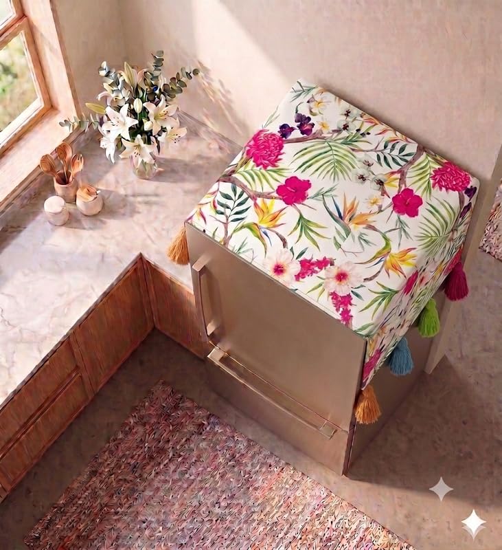 Image of Double Door Fridge Cover 400+L | 450 GSM Durable Fridge Top Cover with Tassels |Fits Godrej, LG, Haier, Samsung Models| Dustproof Refrigerator Cover Mat in Floral Print | WWW.THROWPILLOW.IN