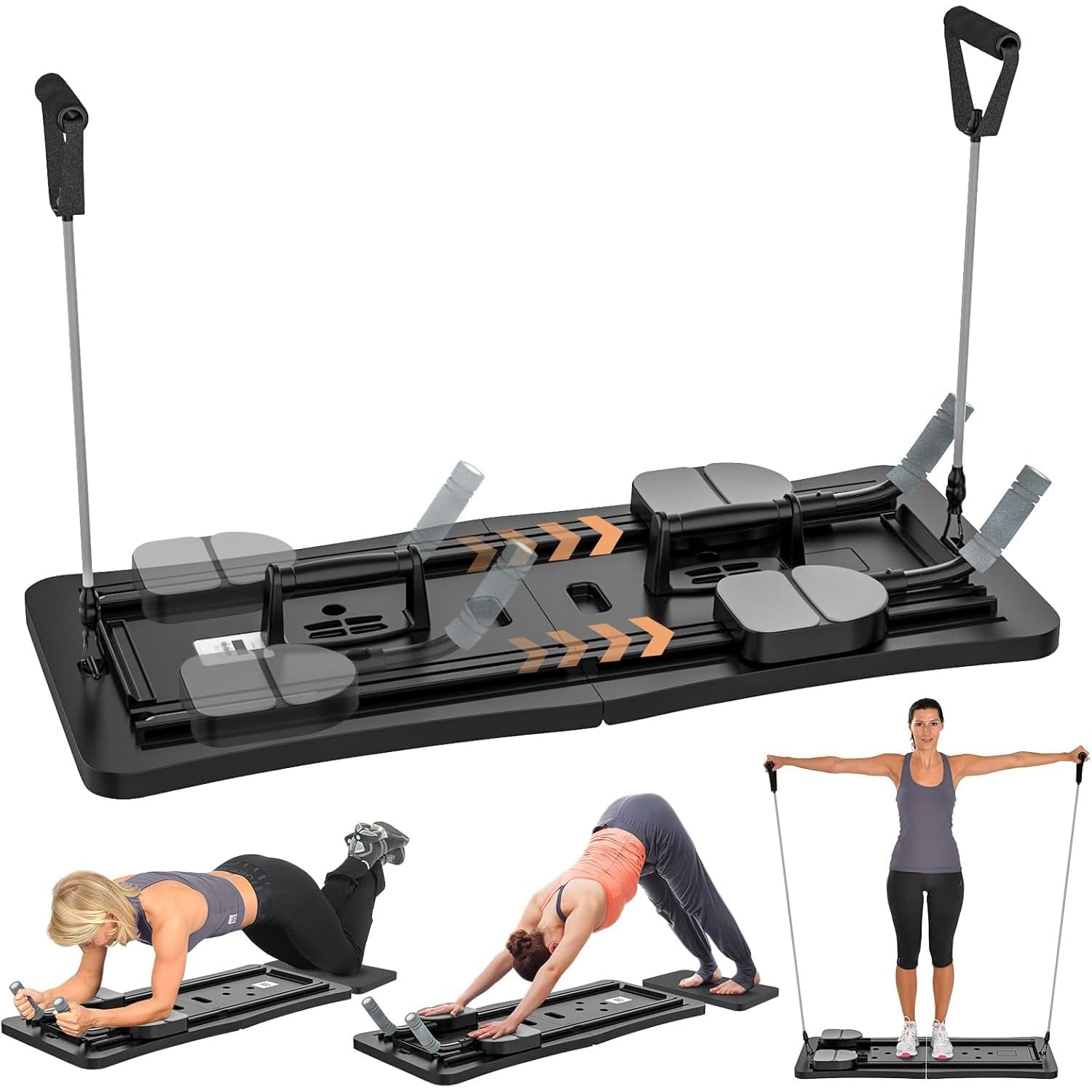 Shopster Pilates Reformer Machine Board Set Ab Roller Exercise Wheel Automatic Rebound Foldable Pilates Board Abdominal Exercise Equipment with Resistance Rope and Timer